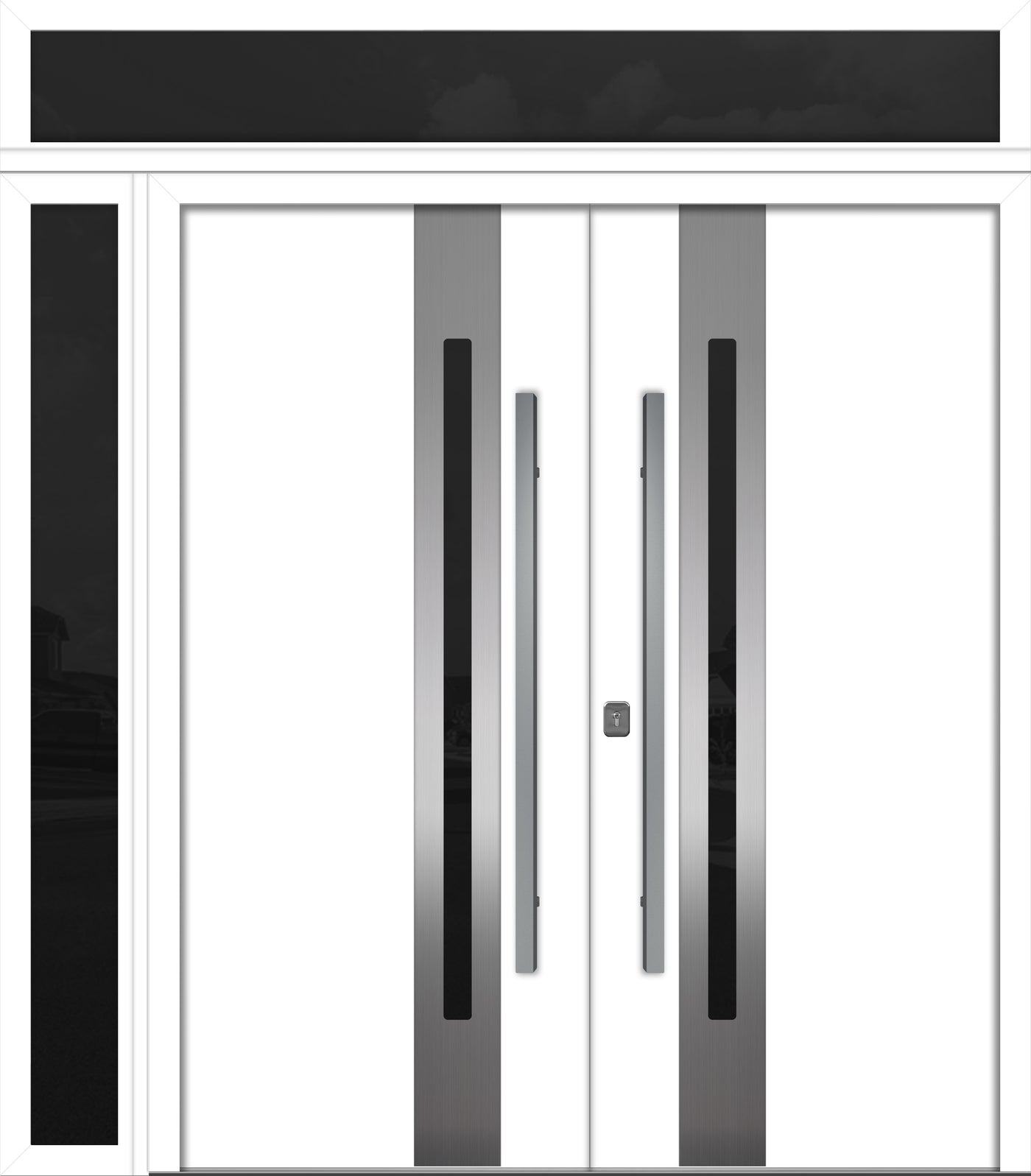 Nova Inox S2 Modern Exterior Double Door 72x80 W/ (1) 12" Sidelight and Transom - Unit 86x95 3/8 - White - Doors and Beyond