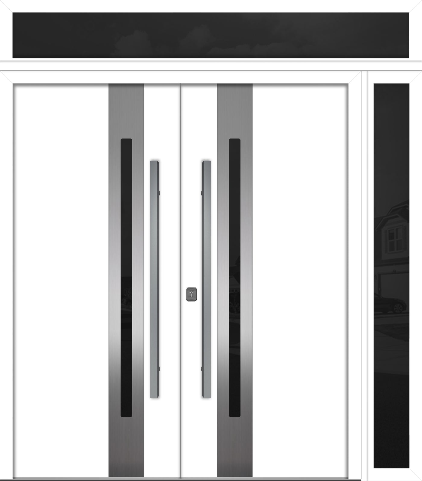 Nova Inox S2 Modern Exterior Double Door 72x80 W/ (1) 12" Sidelight and Transom - Unit 86x95 3/8 - White - Doors and Beyond