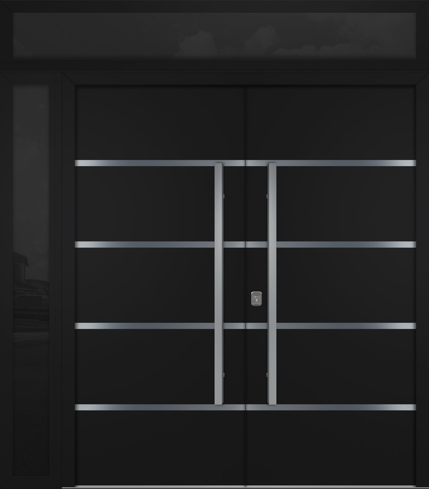 Nova Inox S3 Modern Exterior Double Door 72x80 W/ (1) 12" Sidelight and Transom - Unit 86x95 3/8 - Black - Doors and Beyond