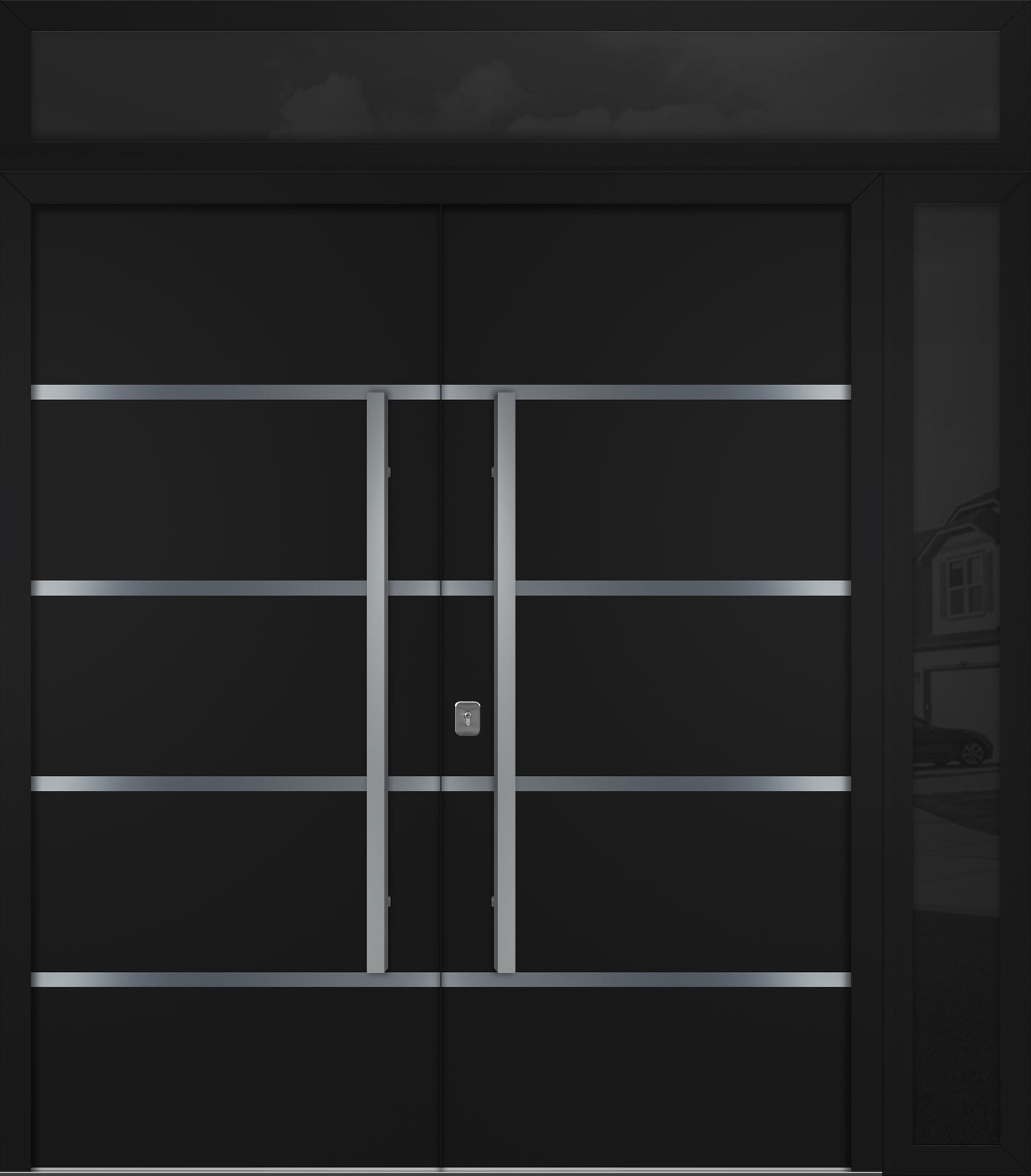 Nova Inox S3 Modern Exterior Double Door 72x80 W/ (1) 12" Sidelight and Transom - Unit 86x95 3/8 - Black - Doors and Beyond