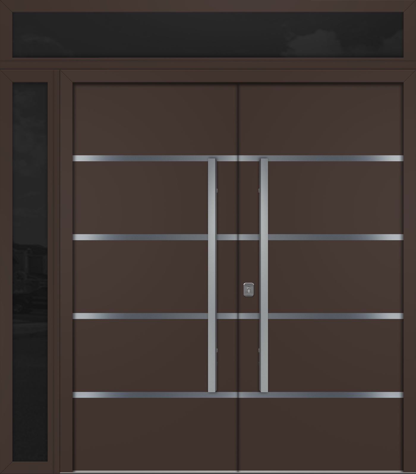 Nova Inox S3 Modern Exterior Double Door 72x80 W/ (1) 12" Sidelight and Transom - Unit 86x95 3/8 - Brown - Doors and Beyond