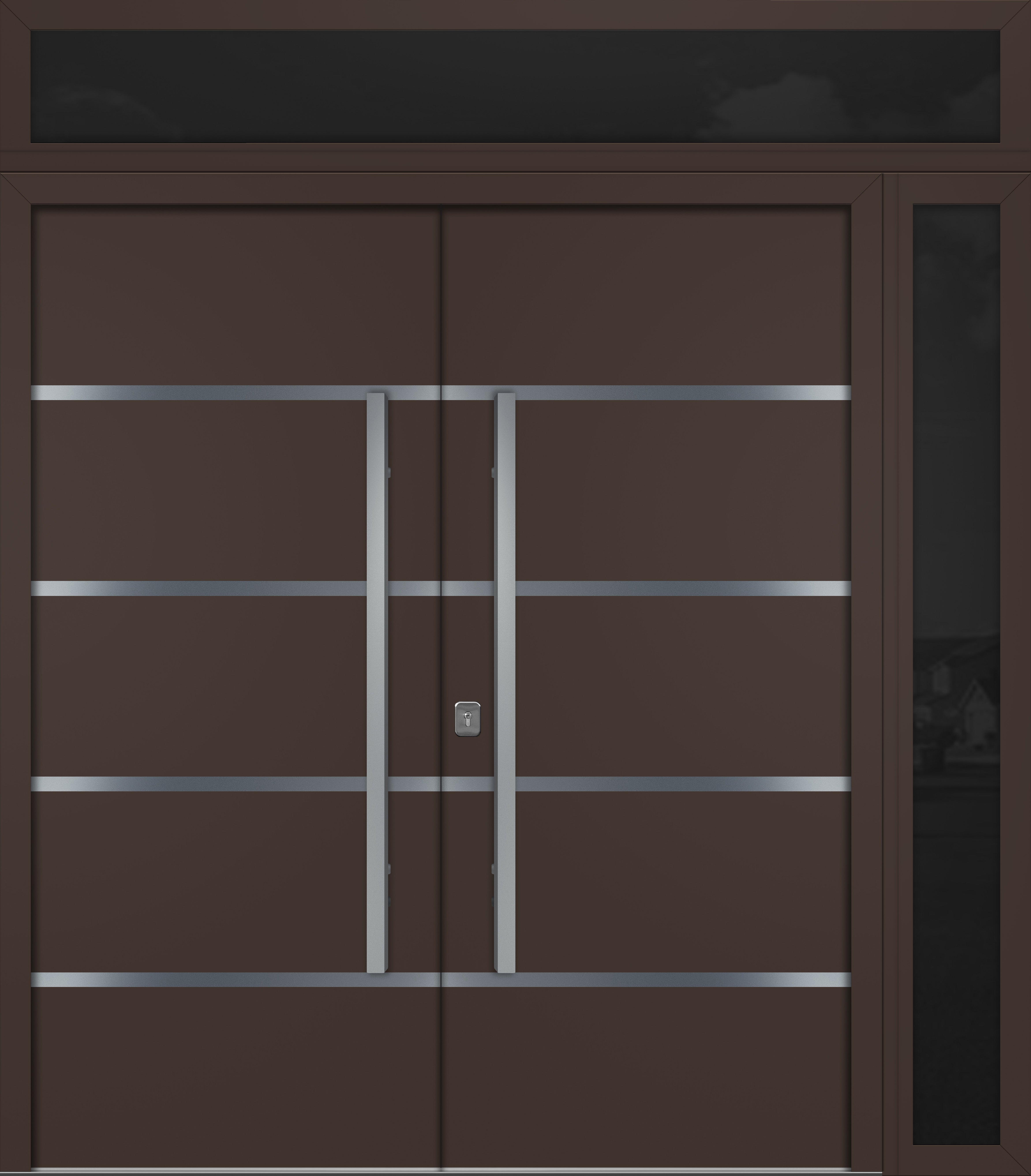 Nova Inox S3 Modern Exterior Double Door 72x80 W/ (1) 12" Sidelight and Transom - Unit 86x95 3/8 - Brown