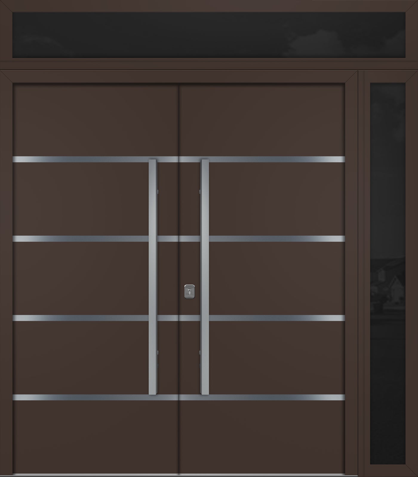 Nova Inox S3 Modern Exterior Double Door 72x80 W/ (1) 12" Sidelight and Transom - Unit 86x95 3/8 - Brown - Doors and Beyond
