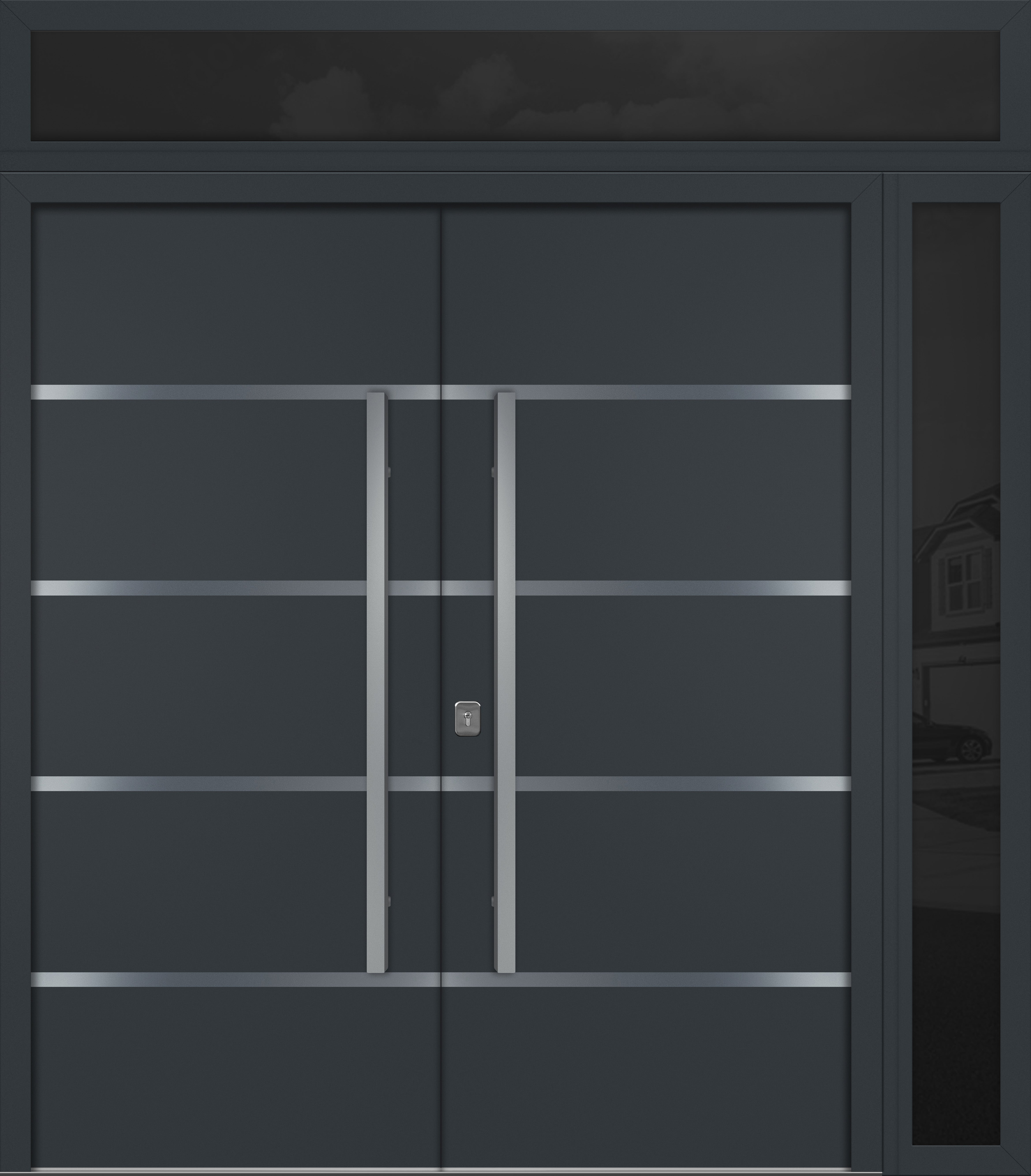 Nova Inox S3 Modern Exterior Double Door 72x80 W/ (1) 12" Sidelight and Transom - Unit 86x95 3/8 - Gray