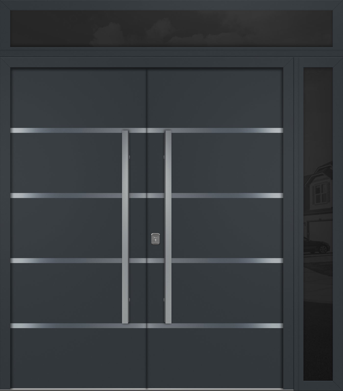 Nova Inox S3 Modern Exterior Double Door 72x80 W/ (1) 12" Sidelight and Transom - Unit 86x95 3/8 - Gray - Doors and Beyond