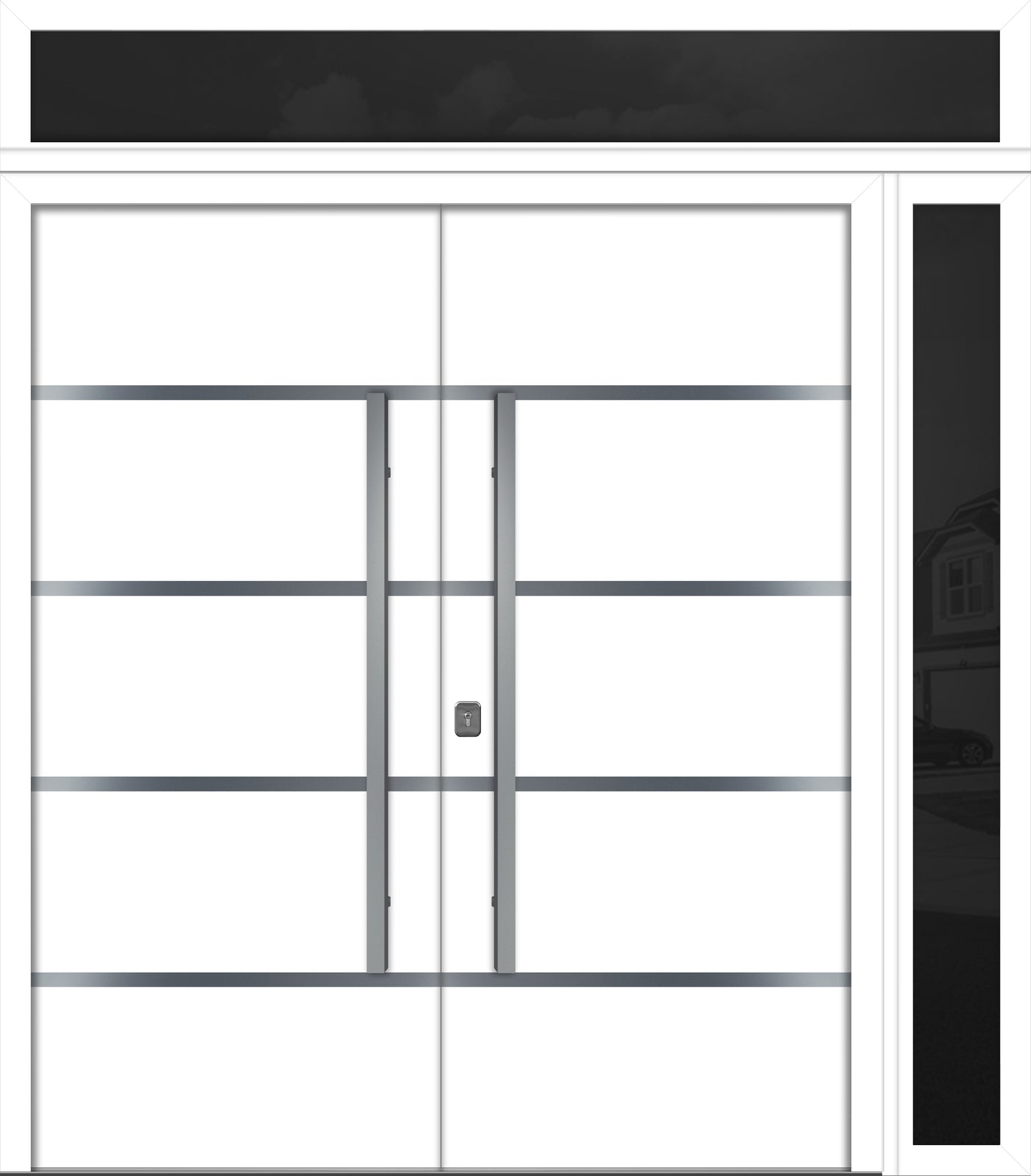 Nova Inox S3 Modern Exterior Double Door 72x80 W/ (1) 12" Sidelight and Transom - Unit 86x95 3/8 - White - Doors and Beyond