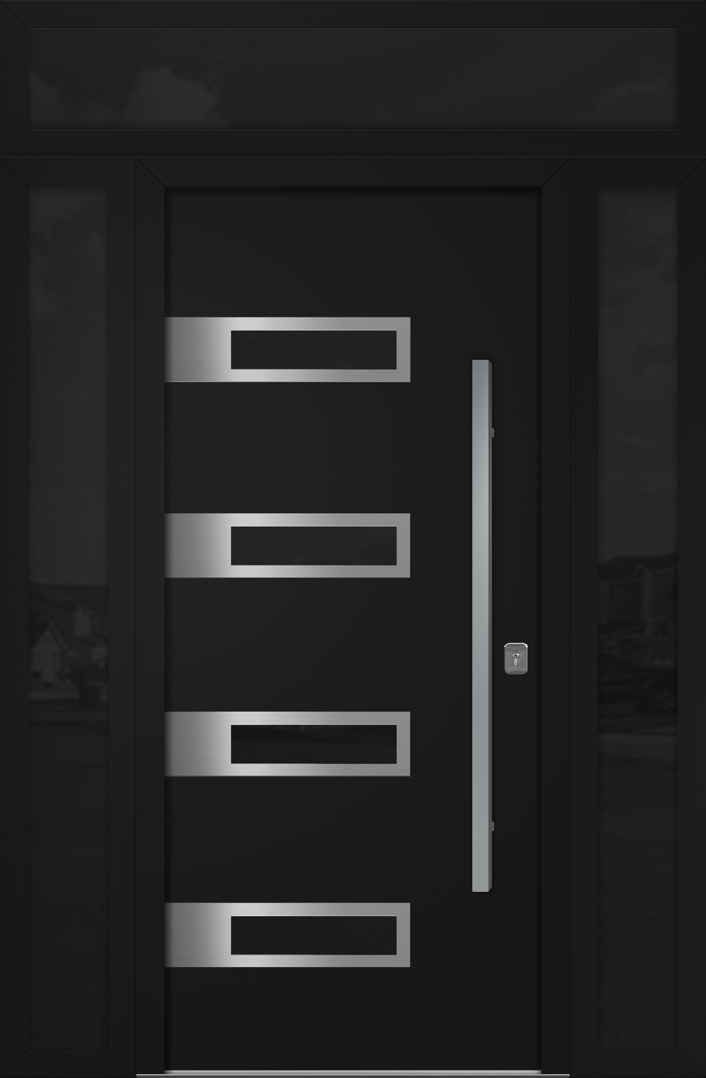 Nova Inox S4 Modern Exterior Single Door 36x80 with 2 Sidelight and Transom - Unit 62x95 1/2 - Black - Doors and Beyond