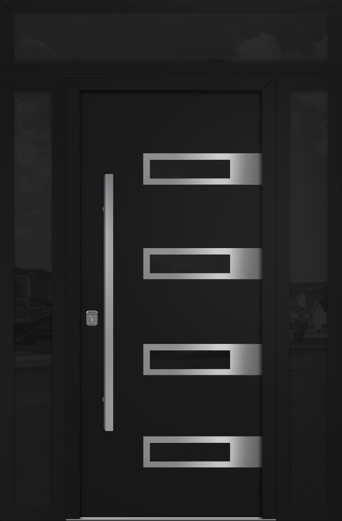 Nova Inox S4 Modern Exterior Single Door 36x80 with 2 Sidelight and Transom - Unit 62x95 1/2 - Black - Doors and Beyond