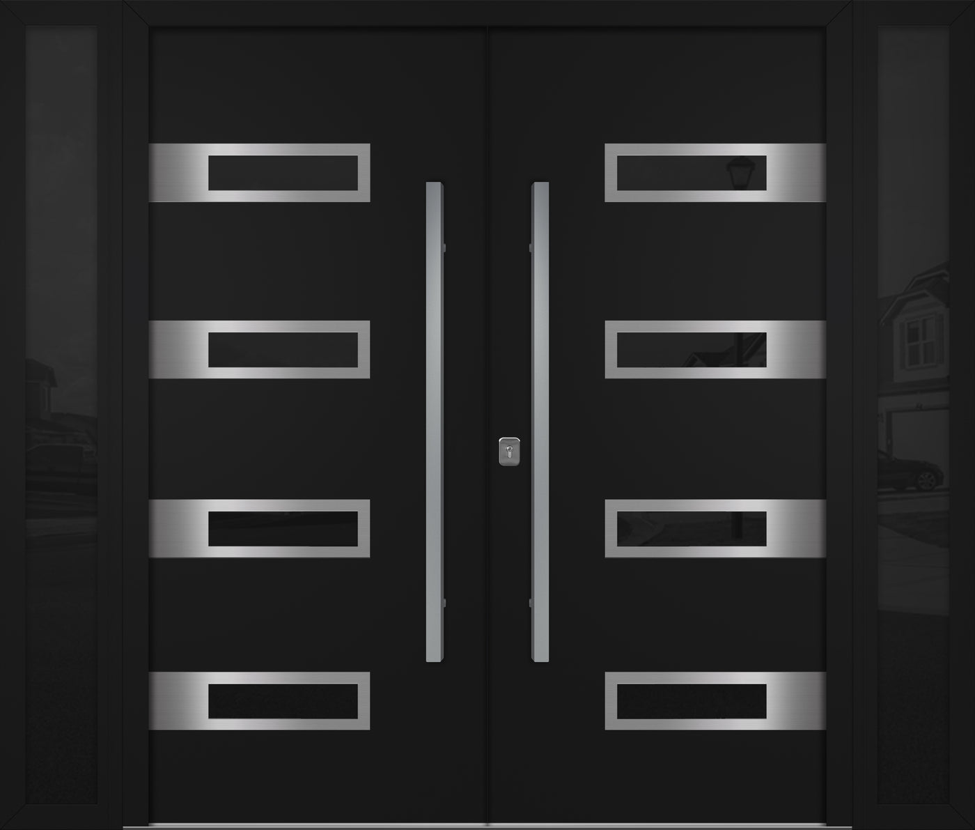 Nova Inox S4 Modern Exterior Double Door W/ (2) 12" Sidelight - Unit 98x81 3/8 - Black - Doors and Beyond
