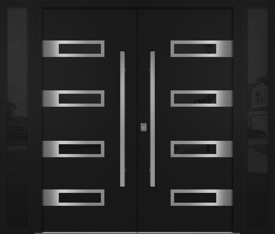 Nova Inox S4 Modern Exterior Double Door W/ (2) 12" Sidelight - Unit 98x81 3/8 - Black - Doors and Beyond