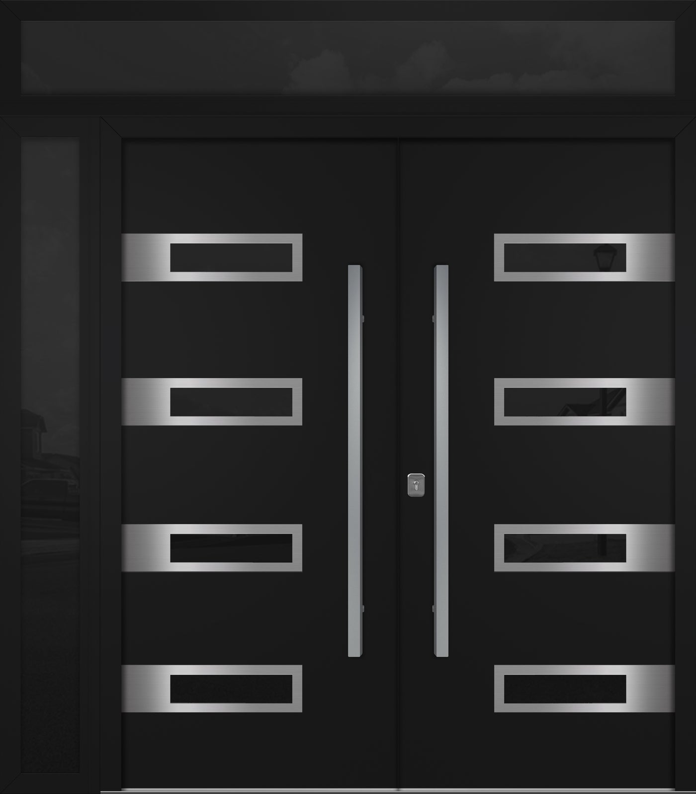 Nova Inox S4 Modern Exterior Double Door 72x80 W/ (1) 12" Sidelight and Transom - Unit 86x95 3/8 - Black - Doors and Beyond