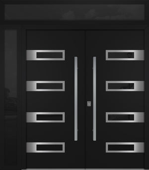 Nova Inox S4 Modern Exterior Double Door 72x80 W/ (1) 12" Sidelight and Transom - Unit 86x95 3/8 - Black - Doors and Beyond