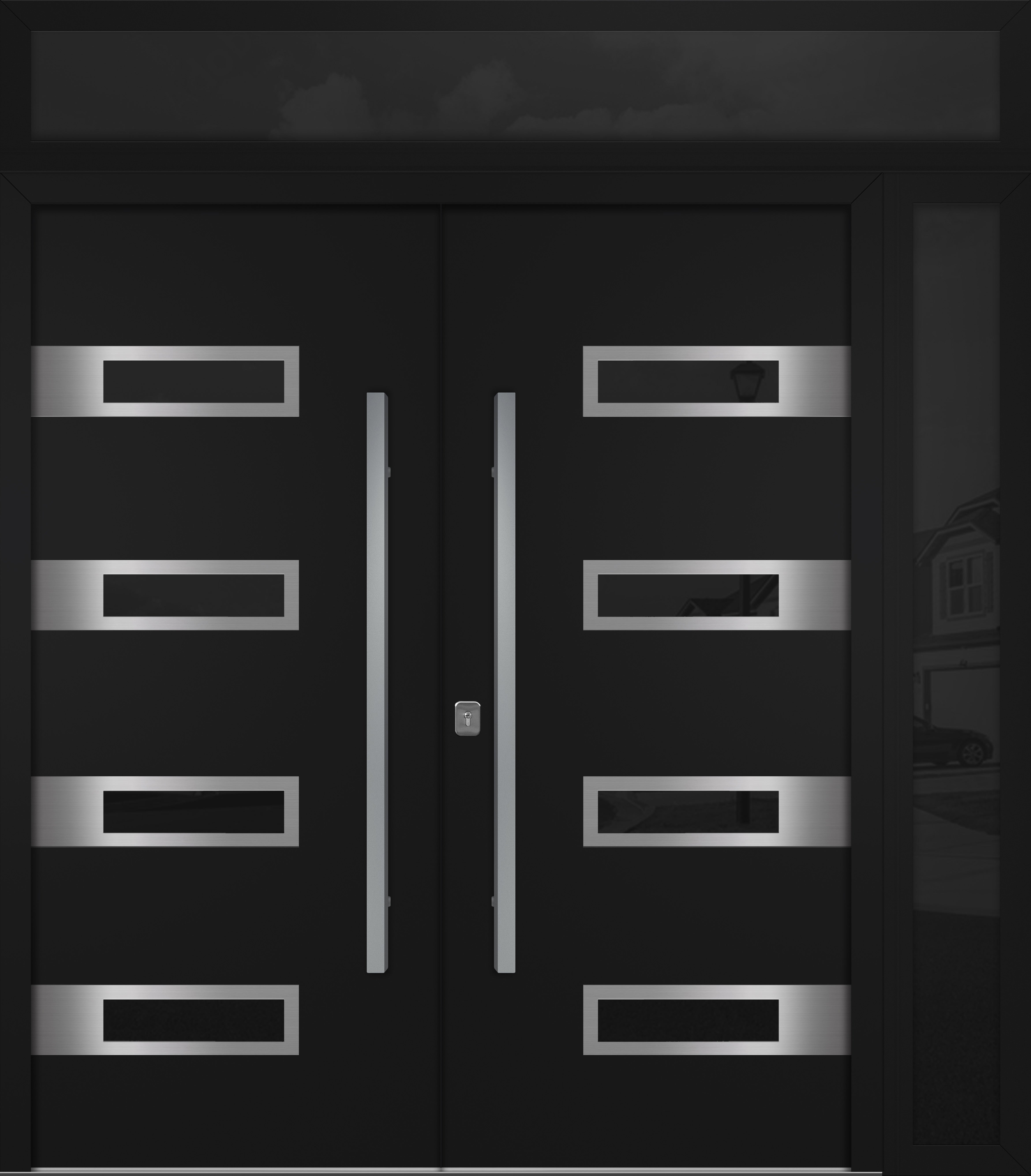 Nova Inox S4 Modern Exterior Double Door 72x80 W/ (1) 12" Sidelight and Transom - Unit 86x95 3/8 - Black