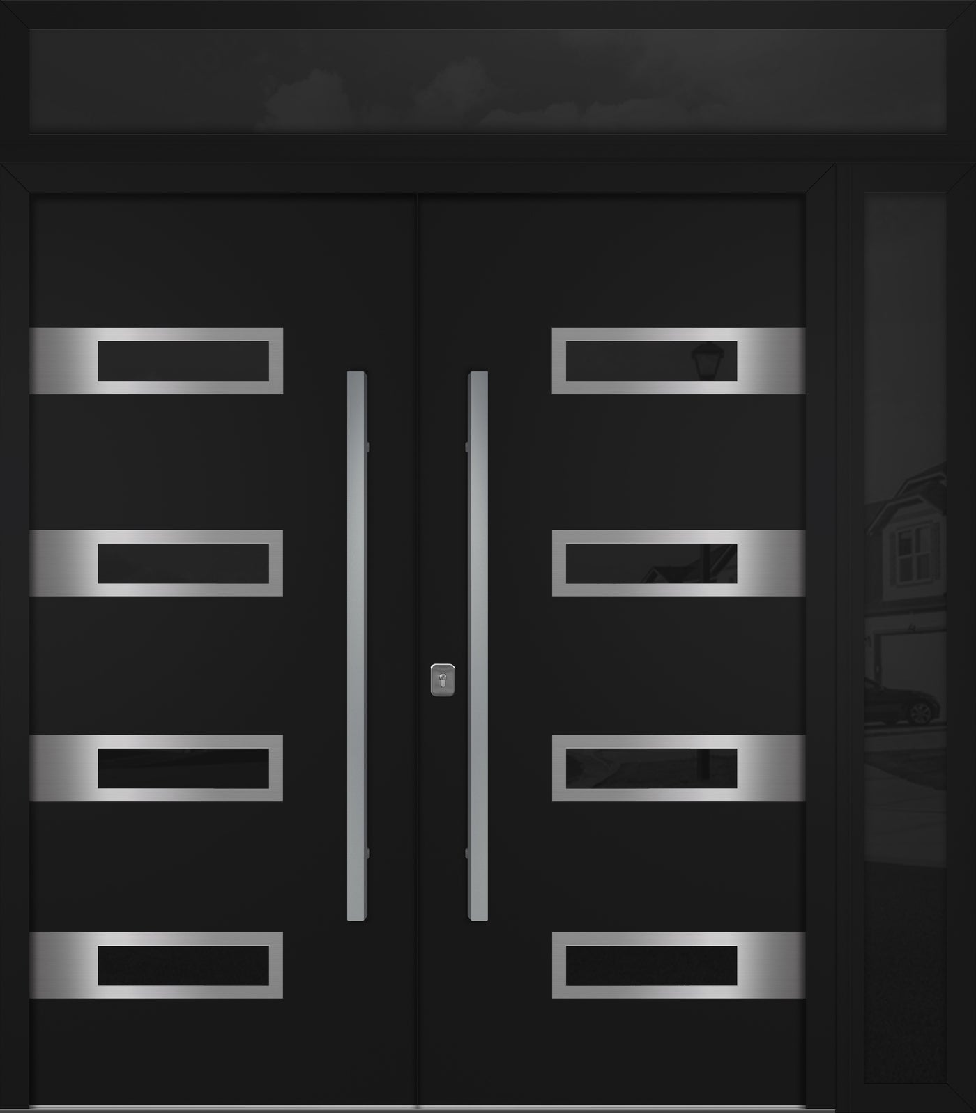 Nova Inox S4 Modern Exterior Double Door 72x80 W/ (1) 12" Sidelight and Transom - Unit 86x95 3/8 - Black - Doors and Beyond