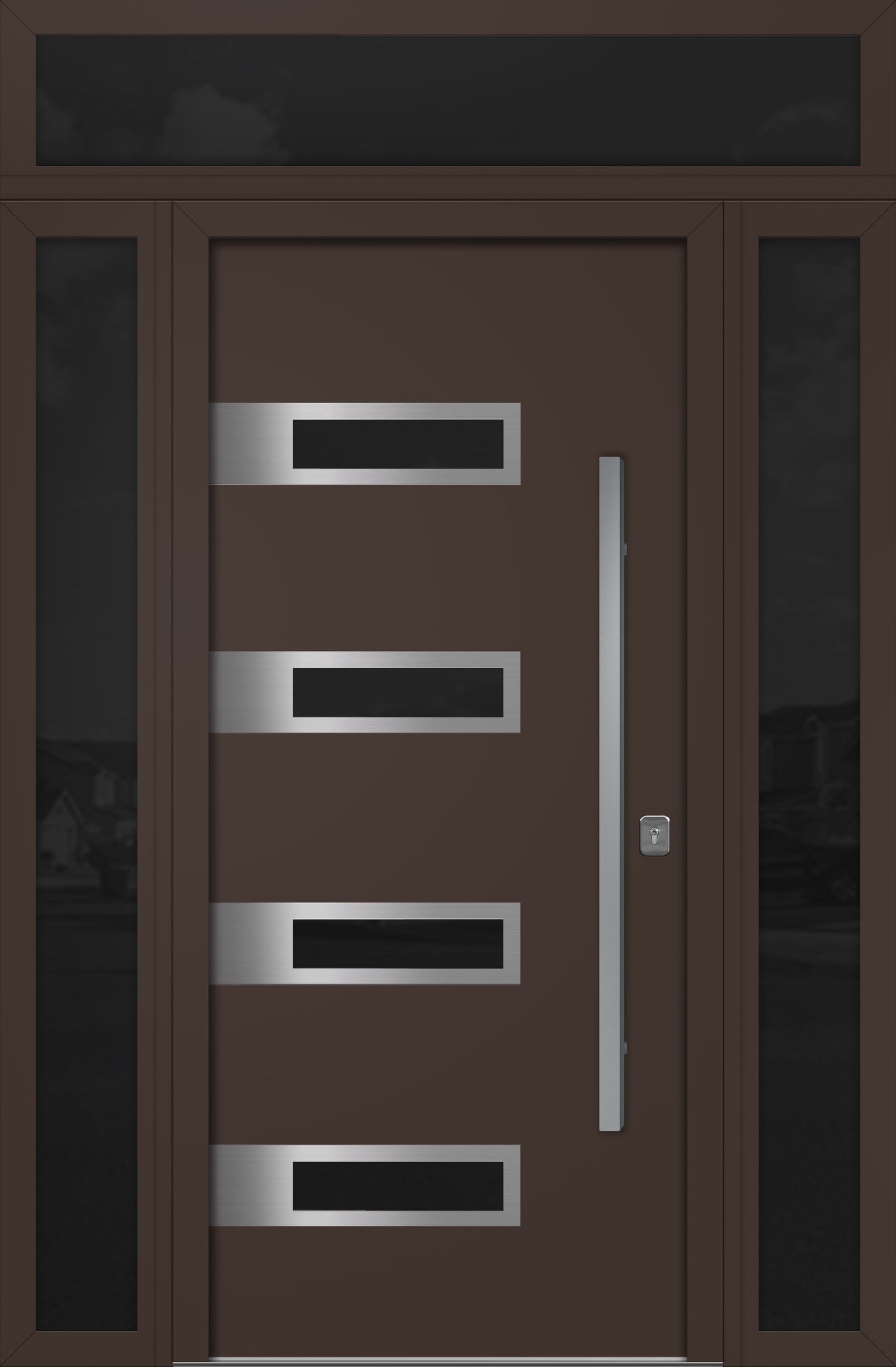 Nova Inox S4 Modern Exterior Single Door 36x80 with 2 Sidelight and Transom - Unit 62x95 1/2 - Brown - Doors and Beyond