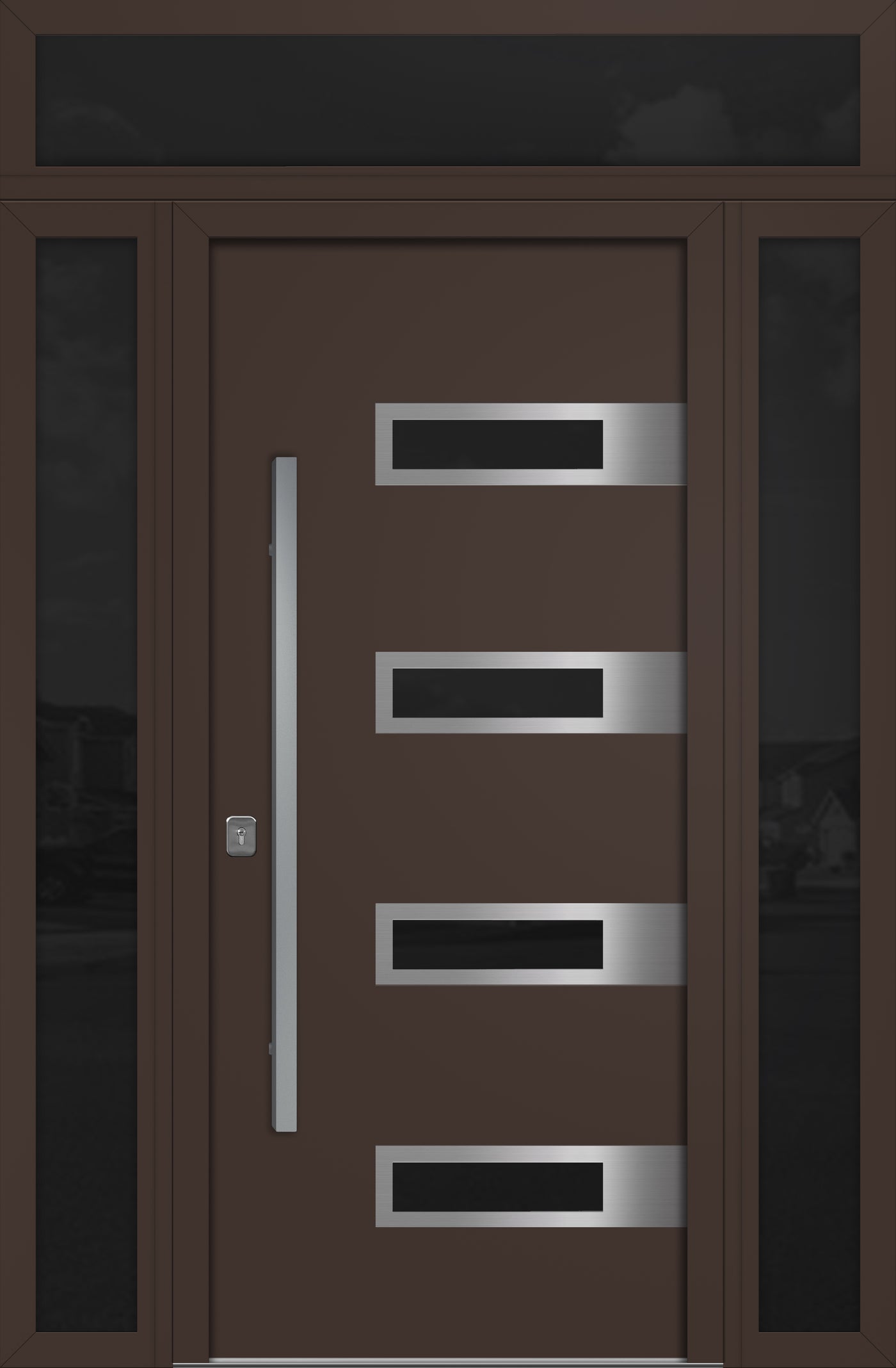 Nova Inox S4 Modern Exterior Single Door 36x80 with 2 Sidelight and Transom - Unit 62x95 1/2 - Brown - Doors and Beyond