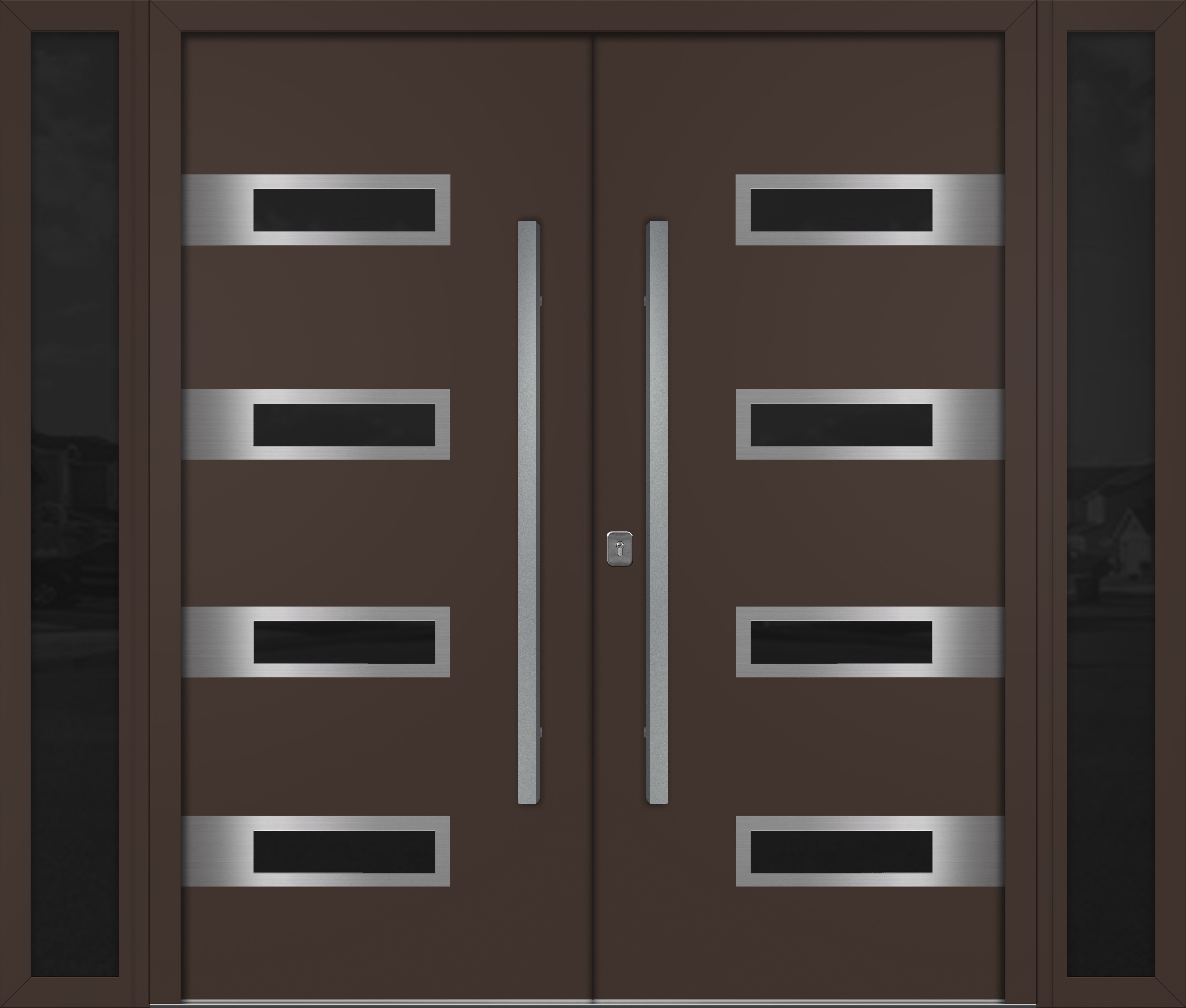 Nova Inox S4  Modern Exterior Double Door W/ (2) 12" Sidelight - Unit 98x81 3/8 - Brown