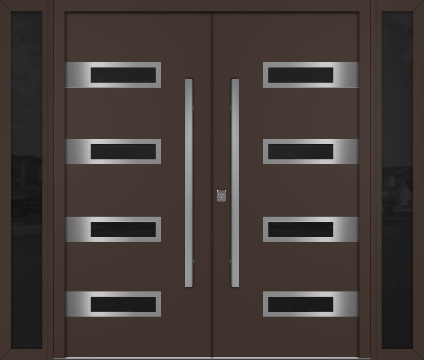 Nova Inox S4 Modern Exterior Double Door W/ (2) 12" Sidelight - Unit 98x81 3/8 - Brown - Doors and Beyond