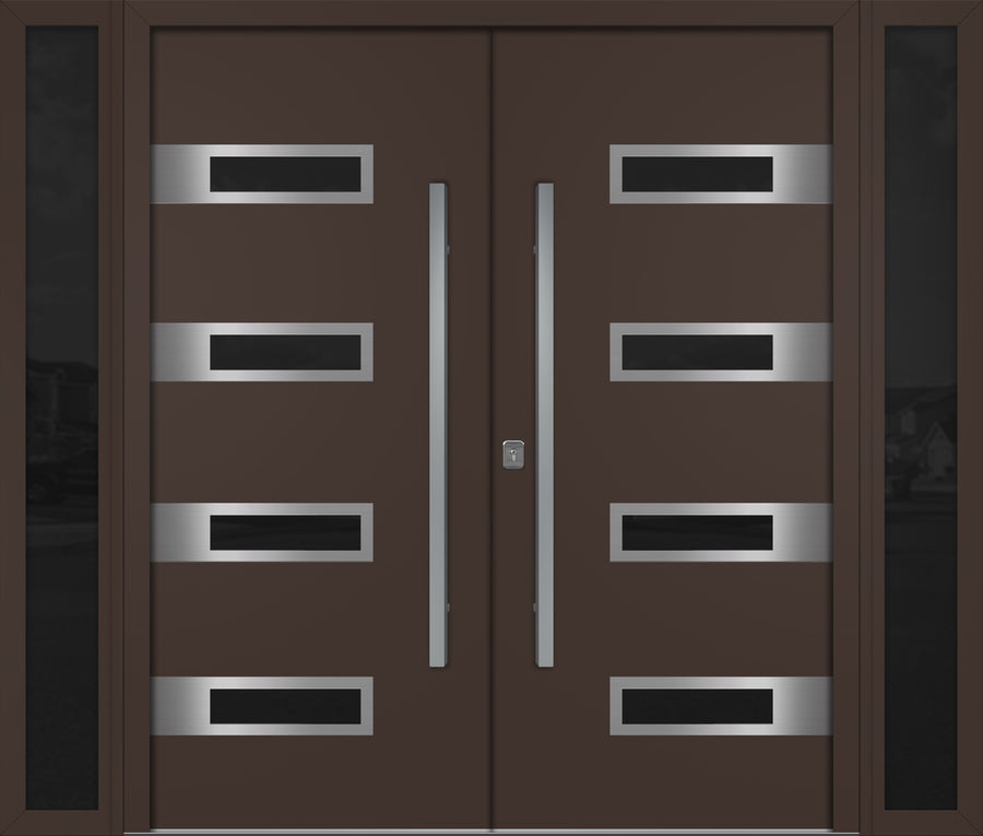 Nova Inox S4 Modern Exterior Double Door W/ (2) 12" Sidelight - Unit 98x81 3/8 - Brown - Doors and Beyond