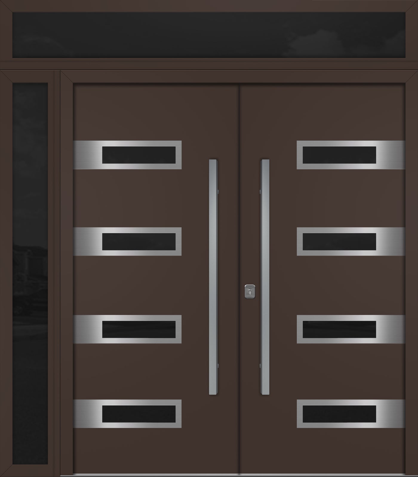 Nova Inox S4 Modern Exterior Double Door 72x80 W/ (1) 12" Sidelight and Transom - Unit 86x95 3/8 - Brown - Doors and Beyond