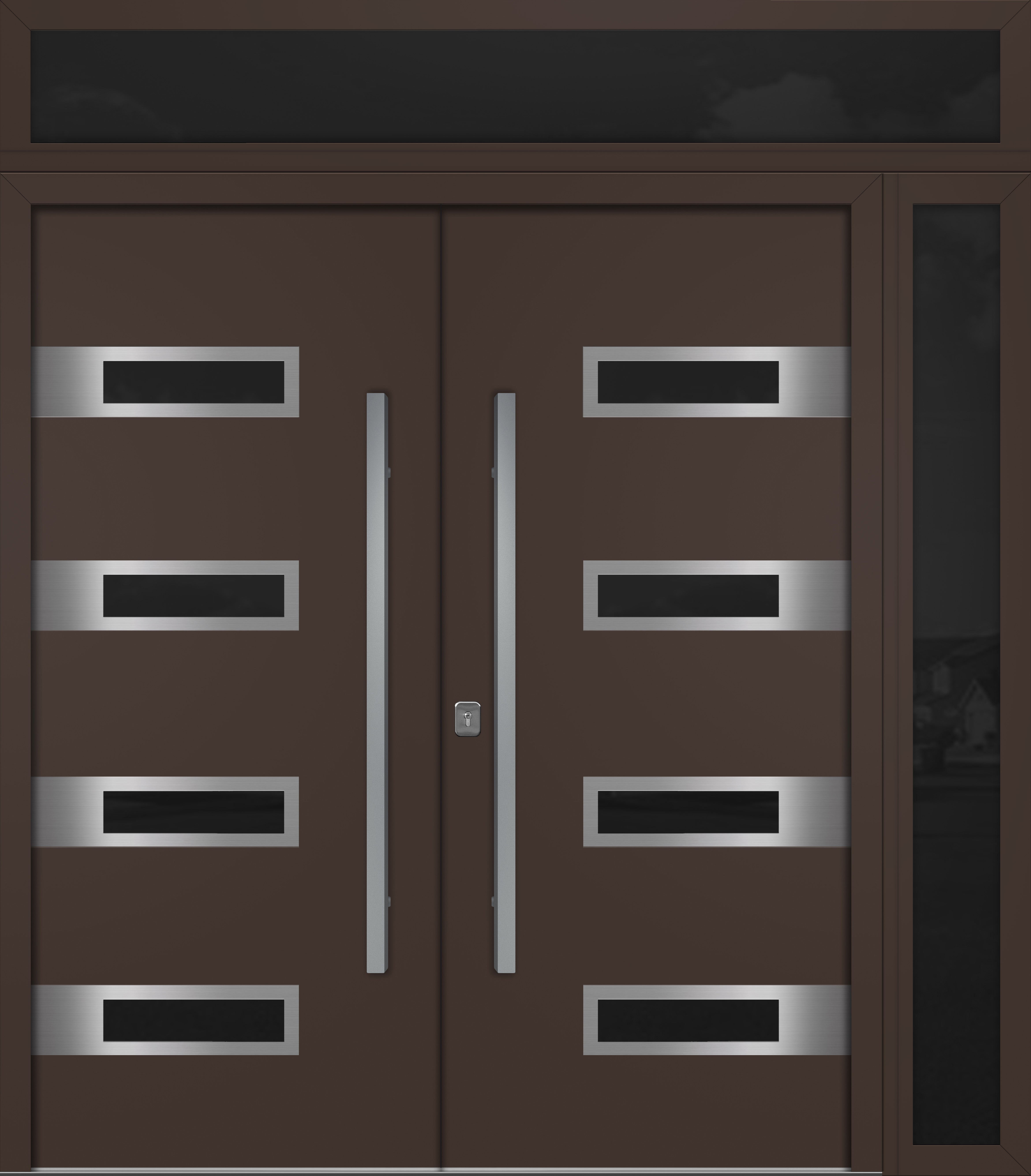 Nova Inox S4 Modern Exterior Double Door 72x80 W/ (1) 12" Sidelight and Transom - Unit 86x95 3/8 - Brown