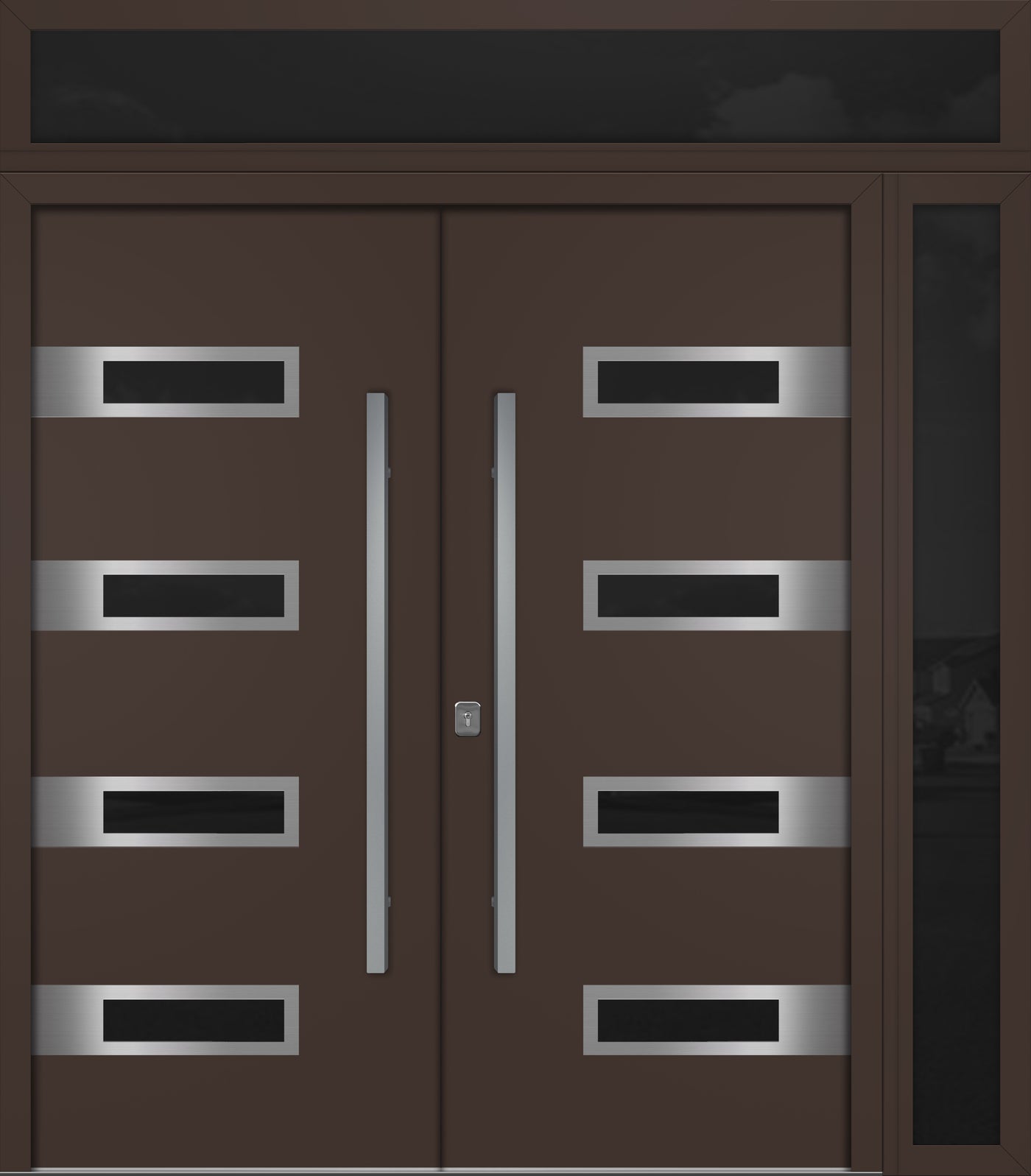 Nova Inox S4 Modern Exterior Double Door 72x80 W/ (1) 12" Sidelight and Transom - Unit 86x95 3/8 - Brown - Doors and Beyond