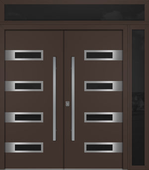 Nova Inox S4 Modern Exterior Double Door 72x80 W/ (1) 12" Sidelight and Transom - Unit 86x95 3/8 - Brown - Doors and Beyond