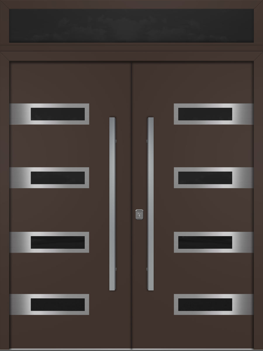 Nova Inox S4 Modern Exterior Double Door 72x80 with Transom - Unit 74x95 1/2 - Brown - Doors and Beyond