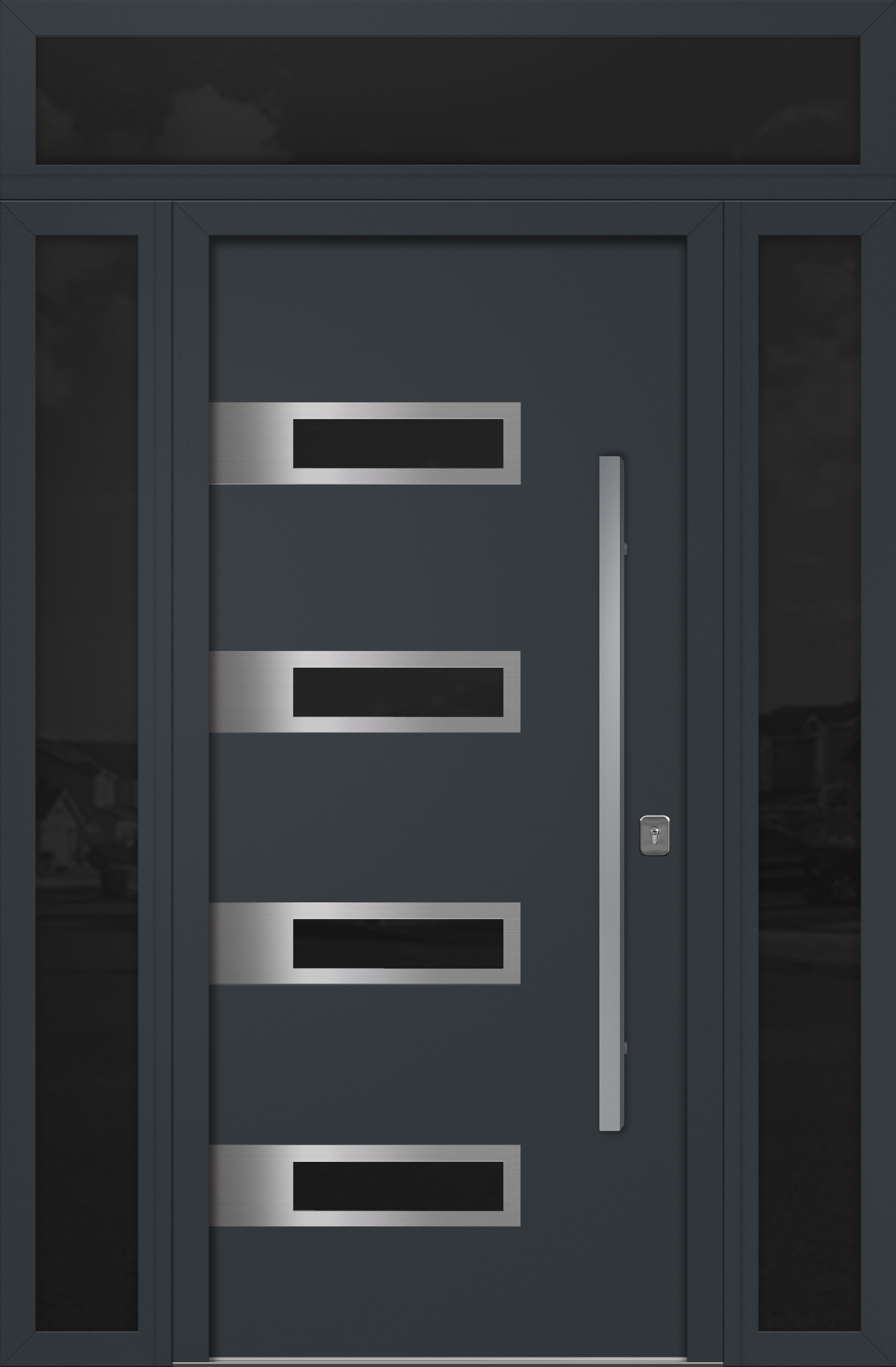 Nova Inox S4 Modern Exterior Single Door 36x80 with 2 Sidelight and Transom - Unit 62x95 1/2 - Gray