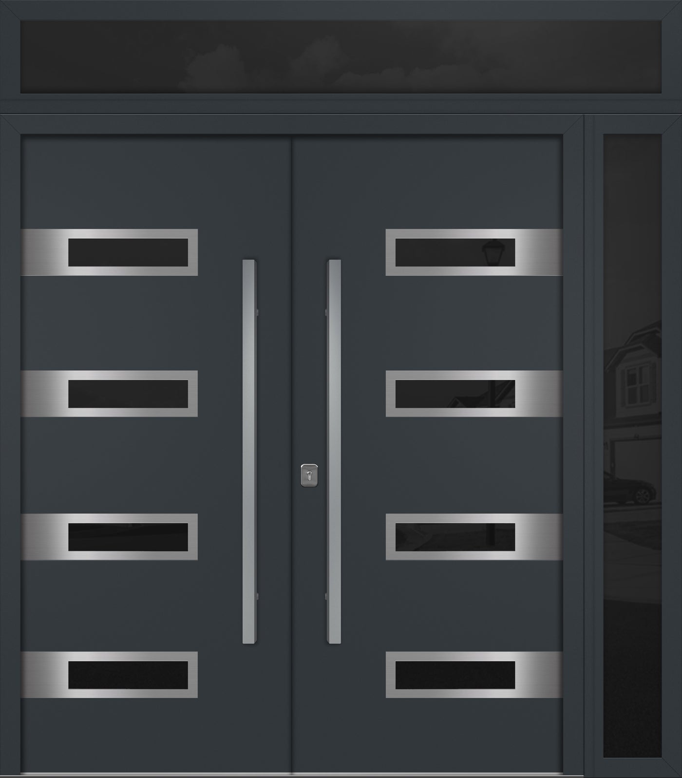 Nova Inox S4 Modern Exterior Double Door 72x80 W/ (1) 12" Sidelight and Transom - Unit 86x95 3/8 - Gray - Doors and Beyond