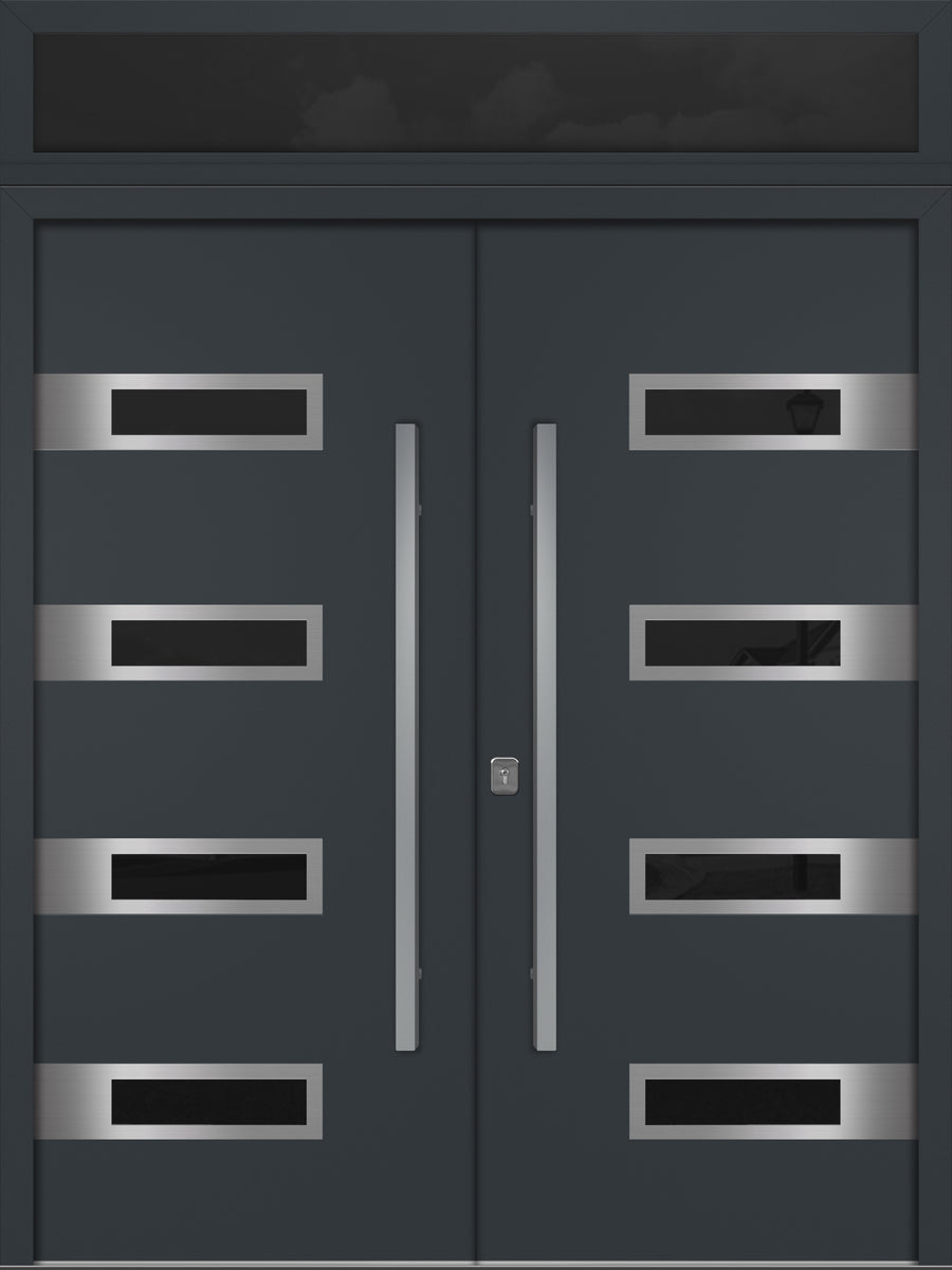 Nova Inox S4 Modern Exterior Double Door 72x80 with Transom - Unit 74x95 1/2 - Gray - Doors and Beyond