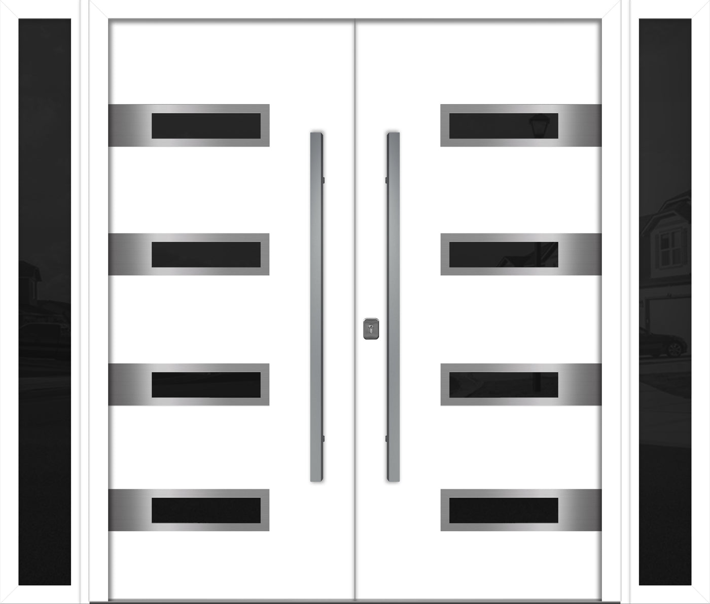 Nova Inox S4 Modern Exterior Double Door W/ (2) 12" Sidelight - Unit 98x81 3/8 - White - Doors and Beyond