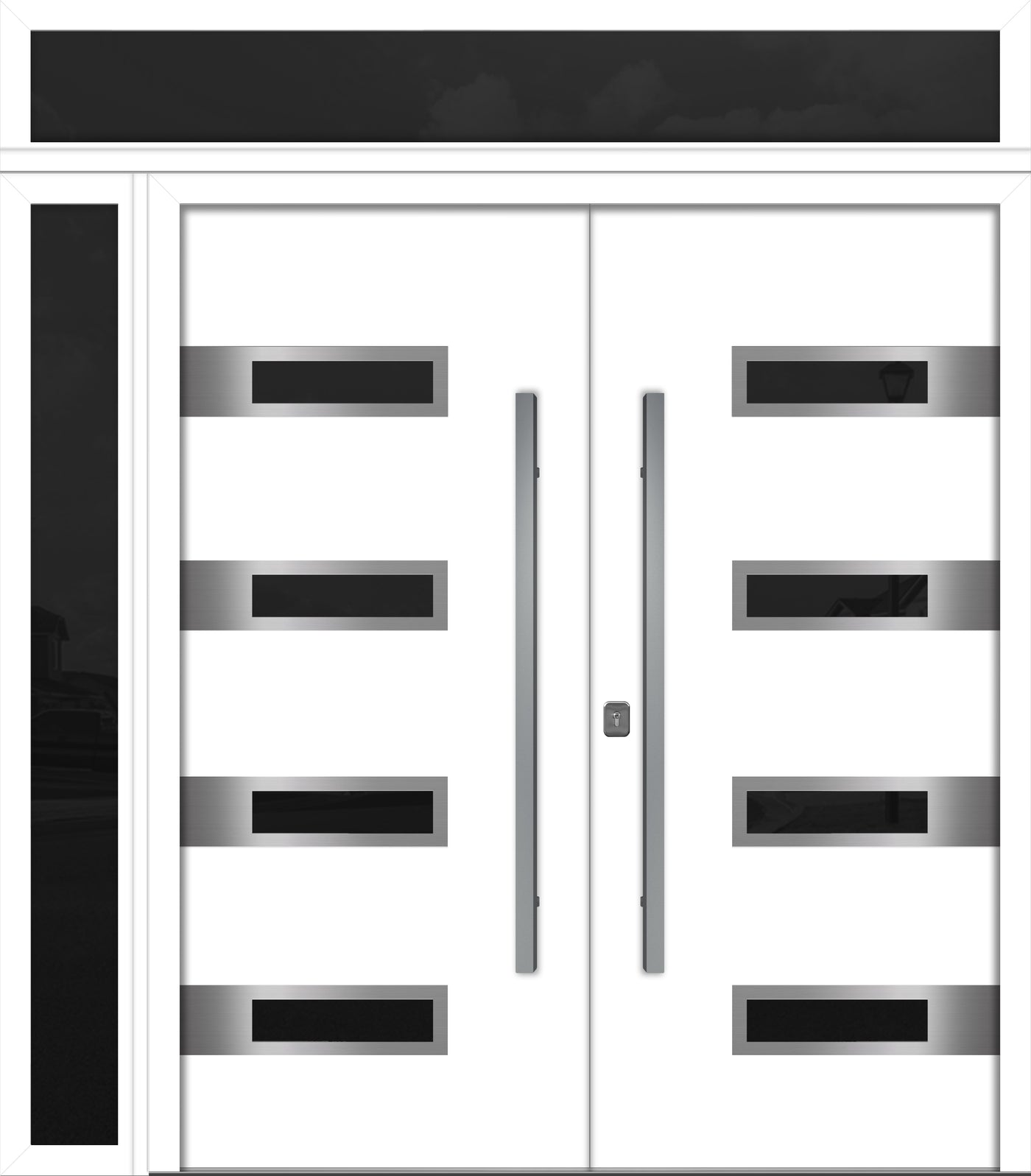 Nova Inox S4 Modern Exterior Double Door 72x80 W/ (1) 12" Sidelight and Transom - Unit 86x95 3/8 - White - Doors and Beyond