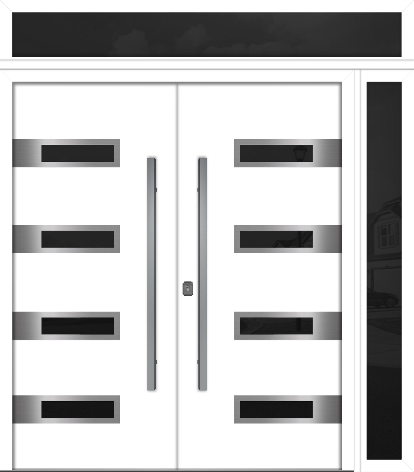 Nova Inox S4 Modern Exterior Double Door 72x80 W/ (1) 12" Sidelight and Transom - Unit 86x95 3/8 - White - Doors and Beyond