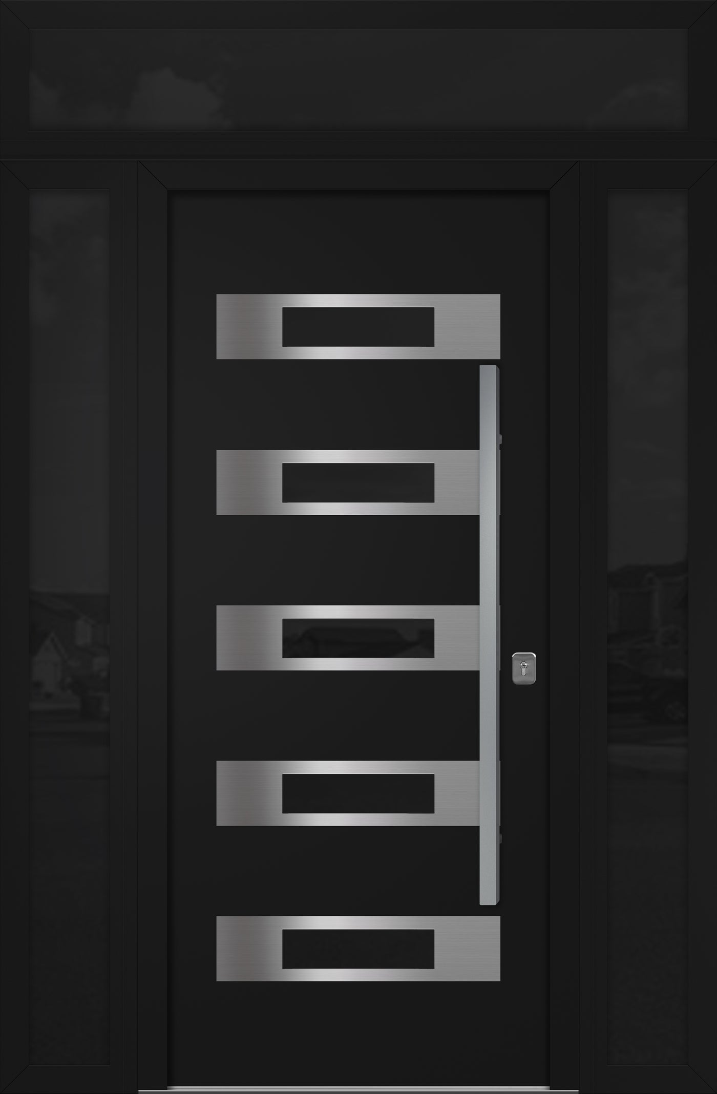 Nova Inox S5 Modern Exterior Single Door 36x80 with 2 Sidelight and Transom - Unit 62x95 1/2 - Black - Doors and Beyond
