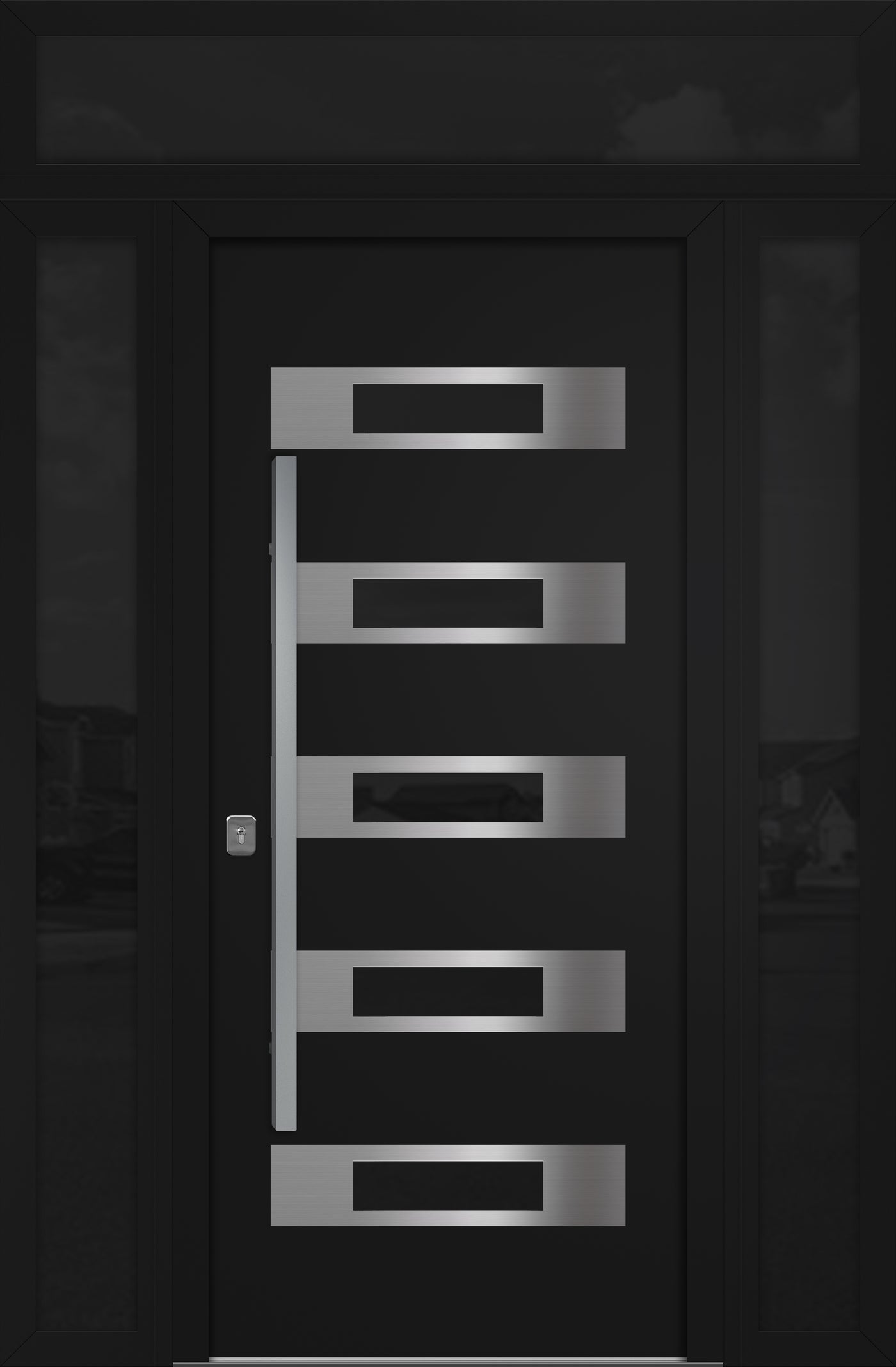 Nova Inox S5 Modern Exterior Single Door 36x80 with 2 Sidelight and Transom - Unit 62x95 1/2 - Black - Doors and Beyond