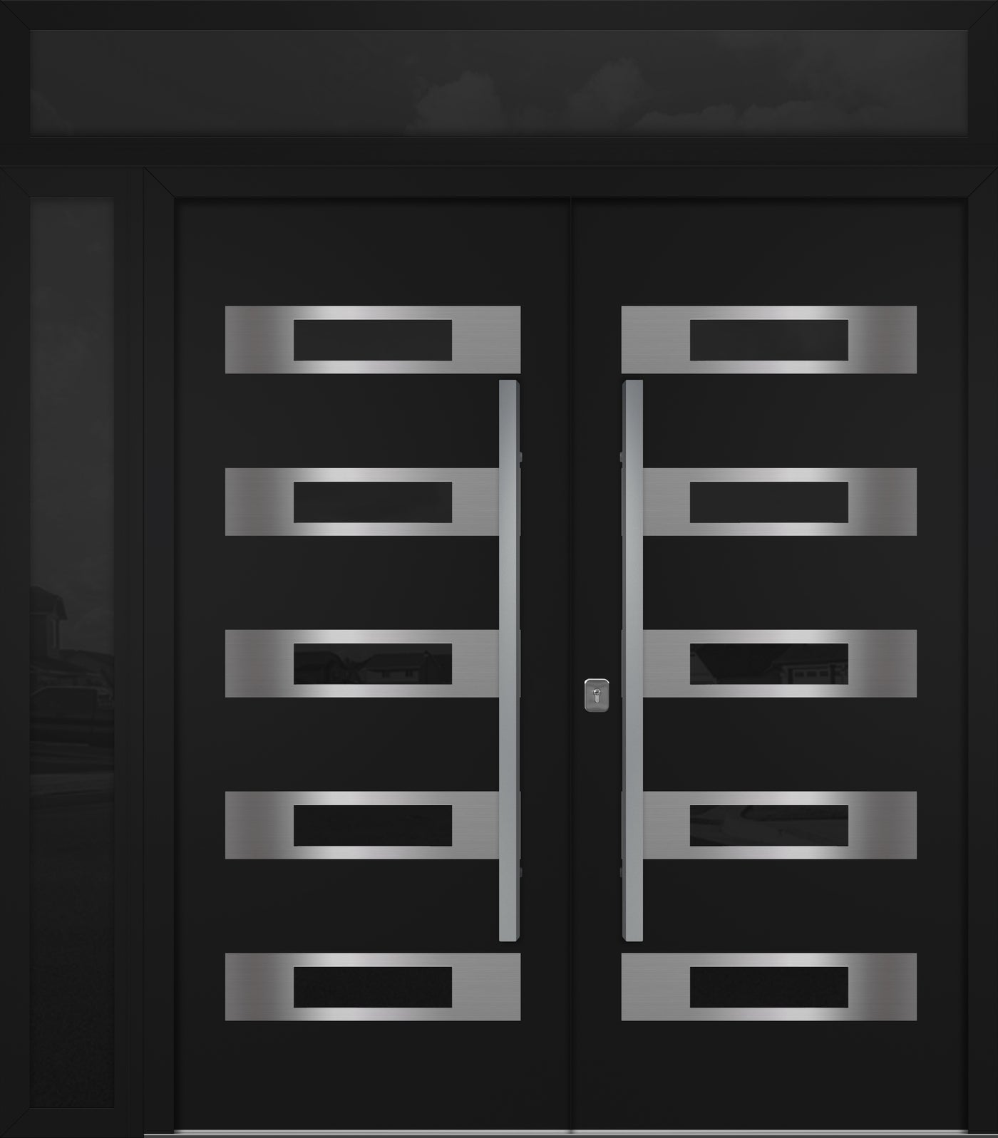 Nova Inox S5 Modern Exterior Double Door 72x80 W/ (1) 12" Sidelight and Transom - Unit 86x95 3/8 - Black - Doors and Beyond