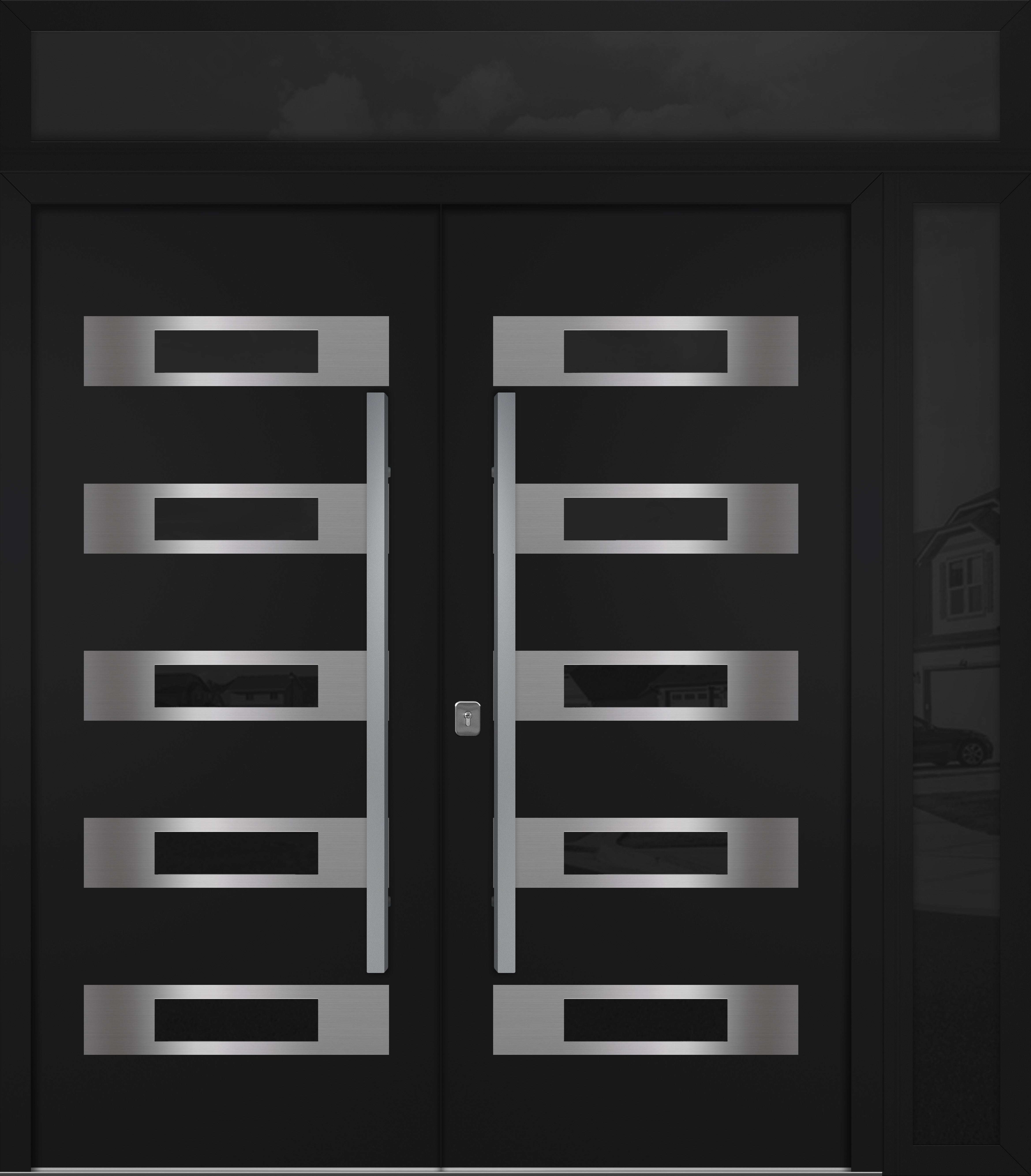 Nova Inox S5 Modern Exterior Double Door 72x80 W/ (1) 12" Sidelight and Transom - Unit 86x95 3/8 - Black