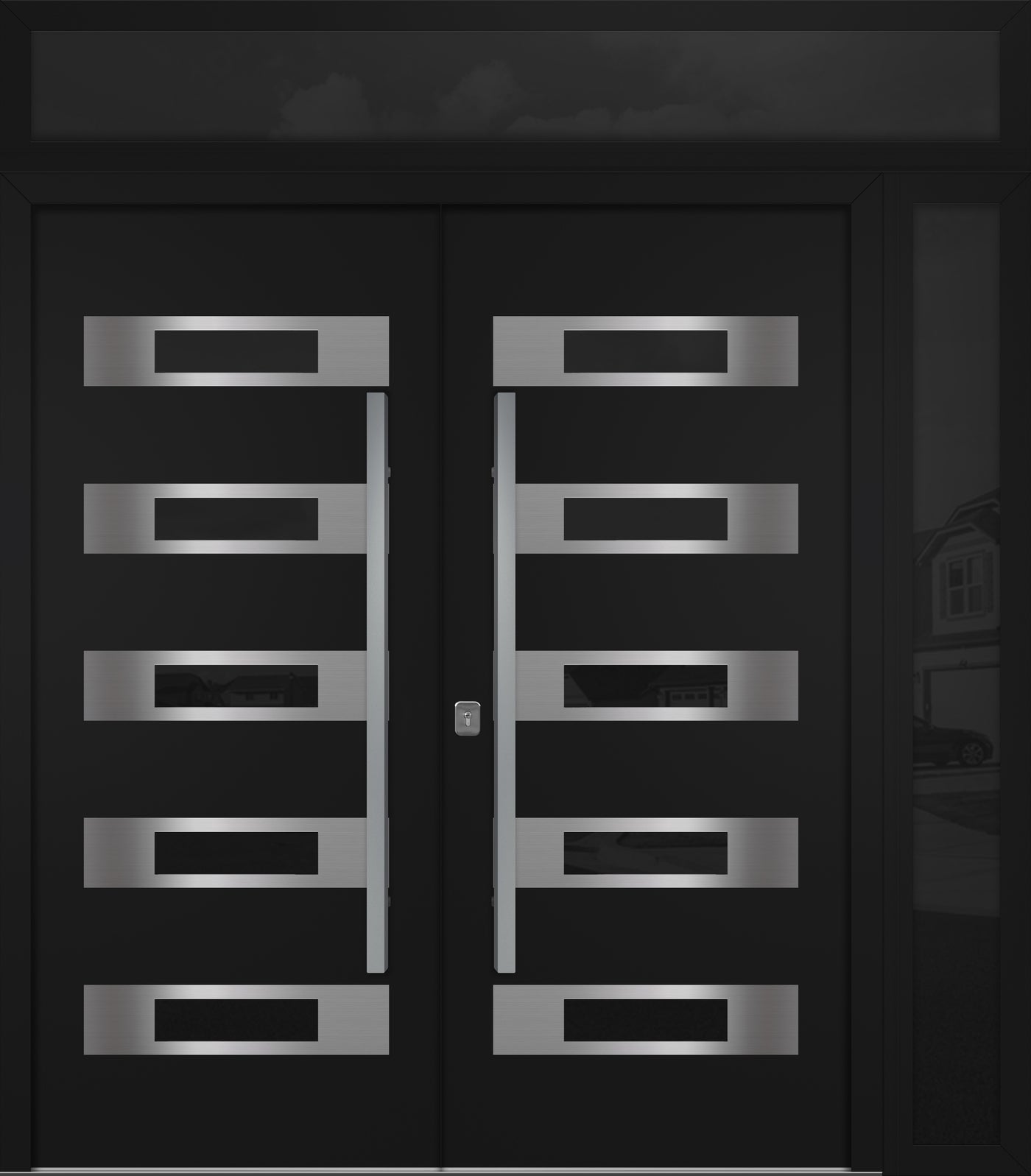 Nova Inox S5 Modern Exterior Double Door 72x80 W/ (1) 12" Sidelight and Transom - Unit 86x95 3/8 - Black - Doors and Beyond