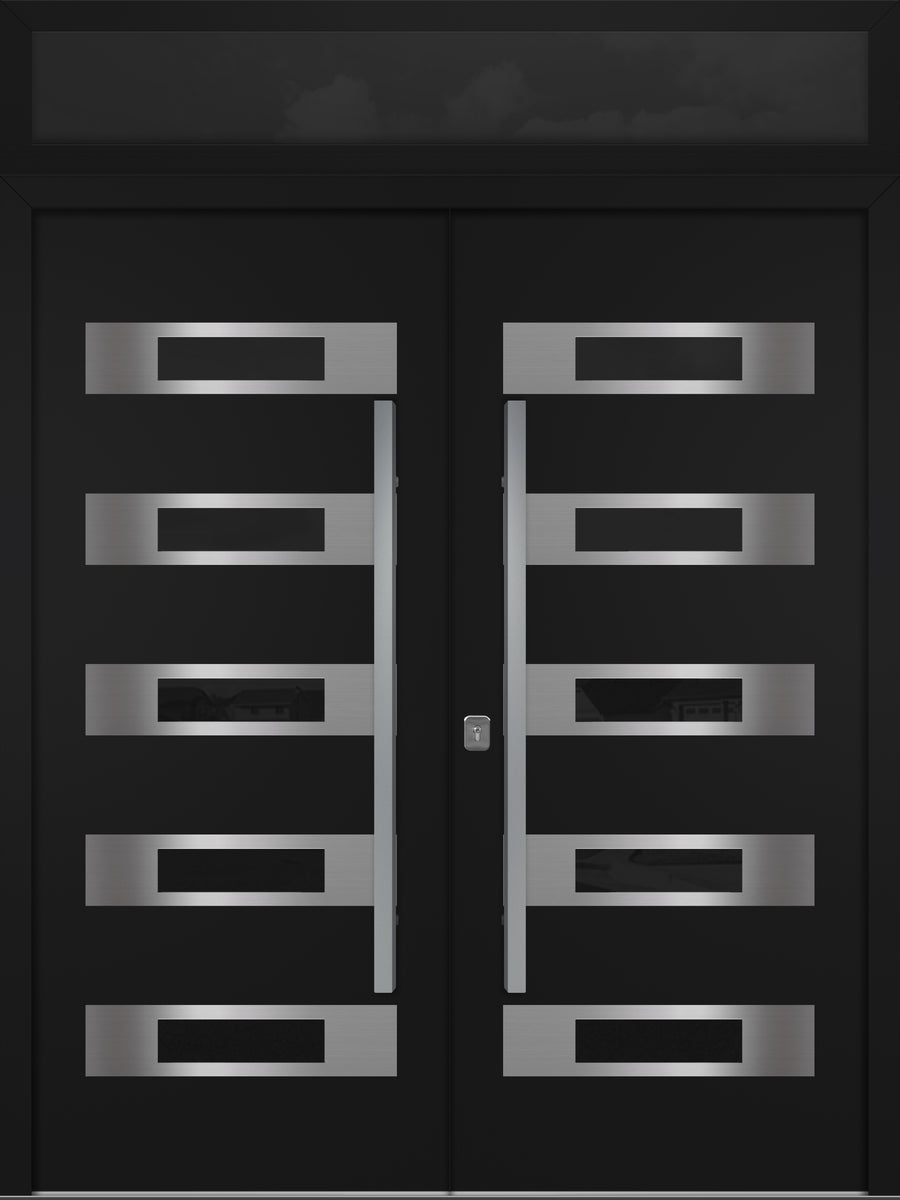 Nova Inox S5 Modern Exterior Double Door 72x80 with Transom - Unit 74x95 1/2 - Black - Doors and Beyond