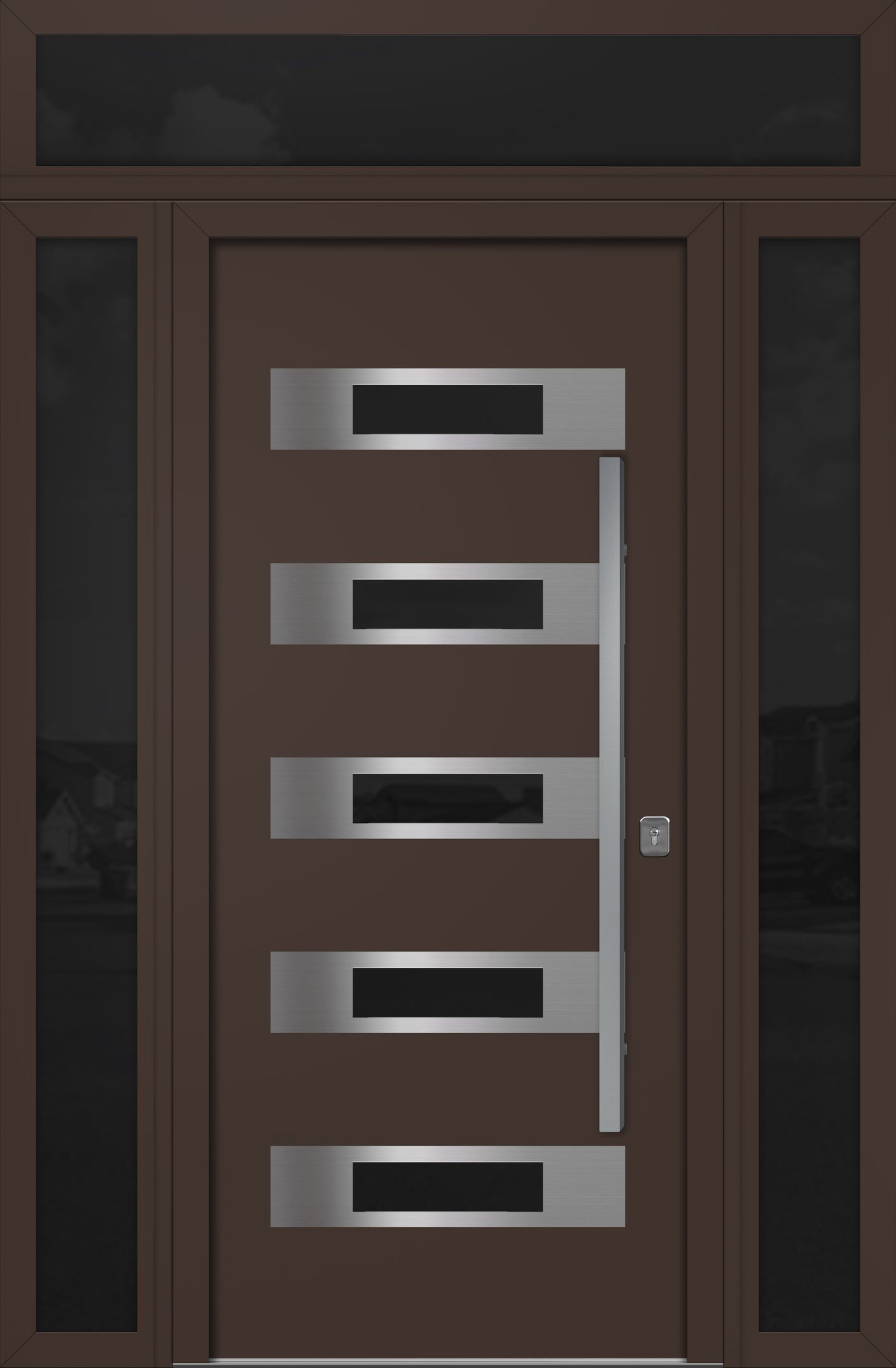 Nova Inox S5 Modern Exterior Single Door 36x80 with 2 Sidelight and Transom - Unit 62x95 1/2 - Brown - Doors and Beyond