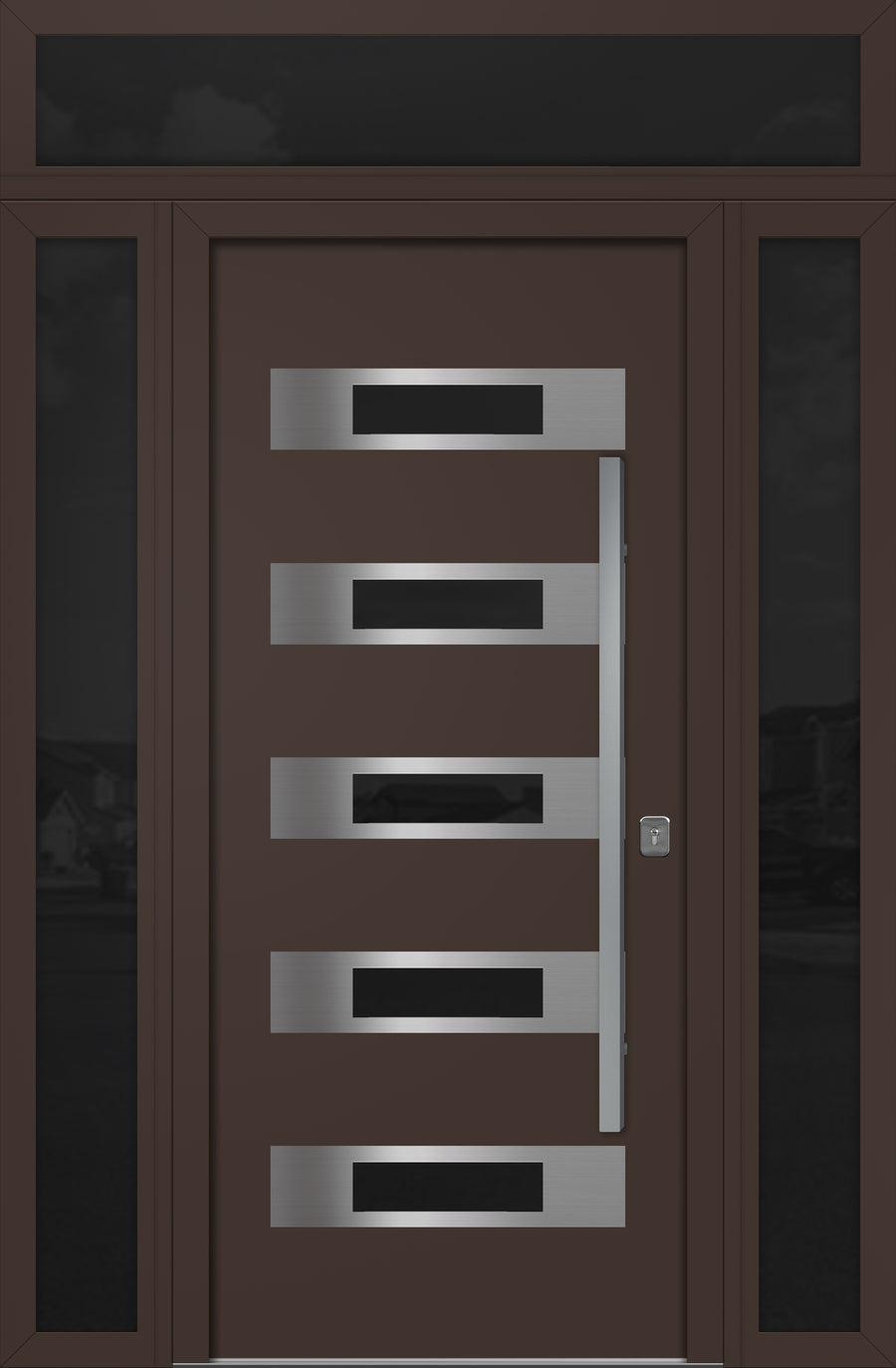 Nova Inox S5 Modern Exterior Single Door 36x80 with 2 Sidelight and Transom - Unit 62x95 1/2 - Brown - Doors and Beyond