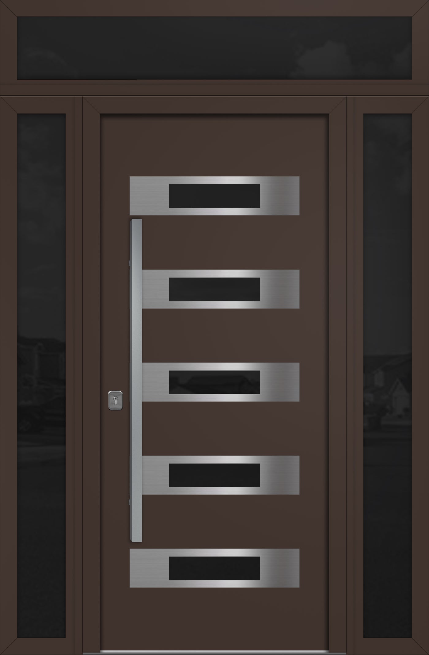Nova Inox S5 Modern Exterior Single Door 36x80 with 2 Sidelight and Transom - Unit 62x95 1/2 - Brown - Doors and Beyond