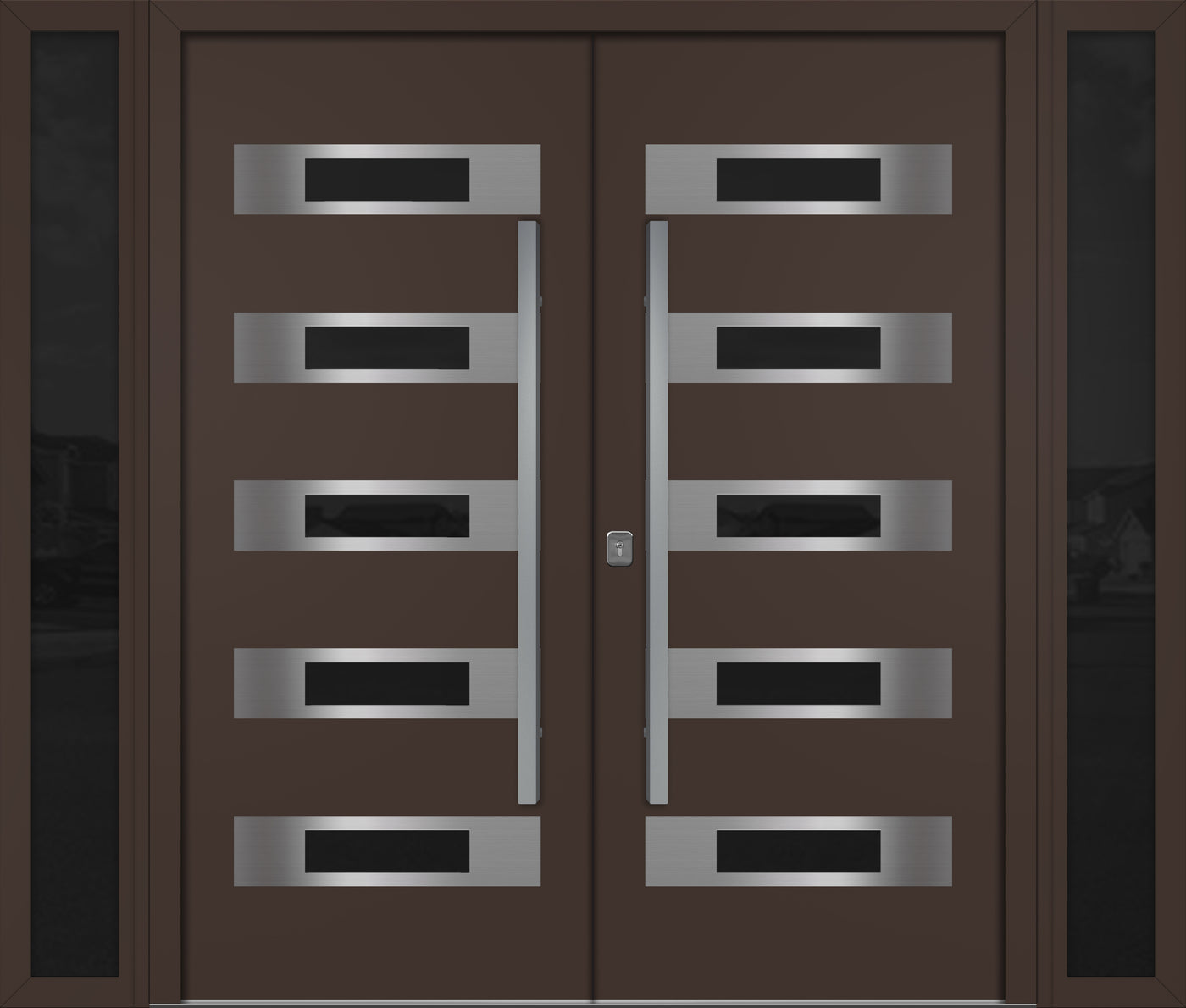 Nova Inox S5 Modern Exterior Double Door W/ (2) 12" Sidelight - Unit 98x81 3/8 - Brown - Doors and Beyond