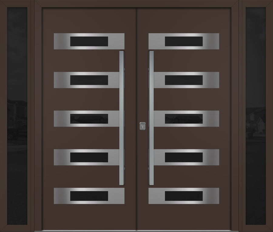 Nova Inox S5 Modern Exterior Double Door W/ (2) 12" Sidelight - Unit 98x81 3/8 - Brown - Doors and Beyond