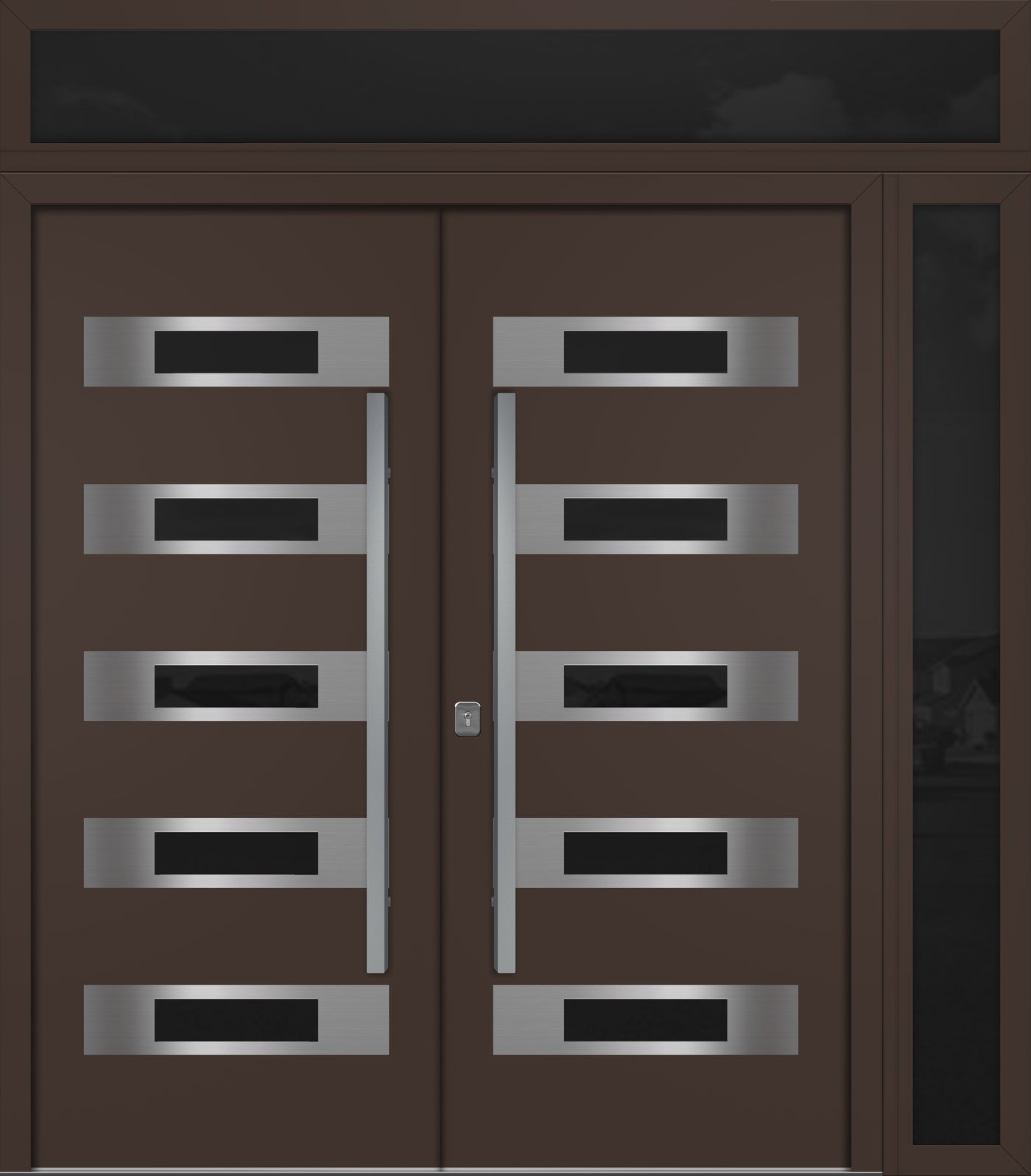 Nova Inox S5 Modern Exterior Double Door 72x80 W/ (1) 12" Sidelight and Transom - Unit 86x95 3/8 - Brown - Doors and Beyond