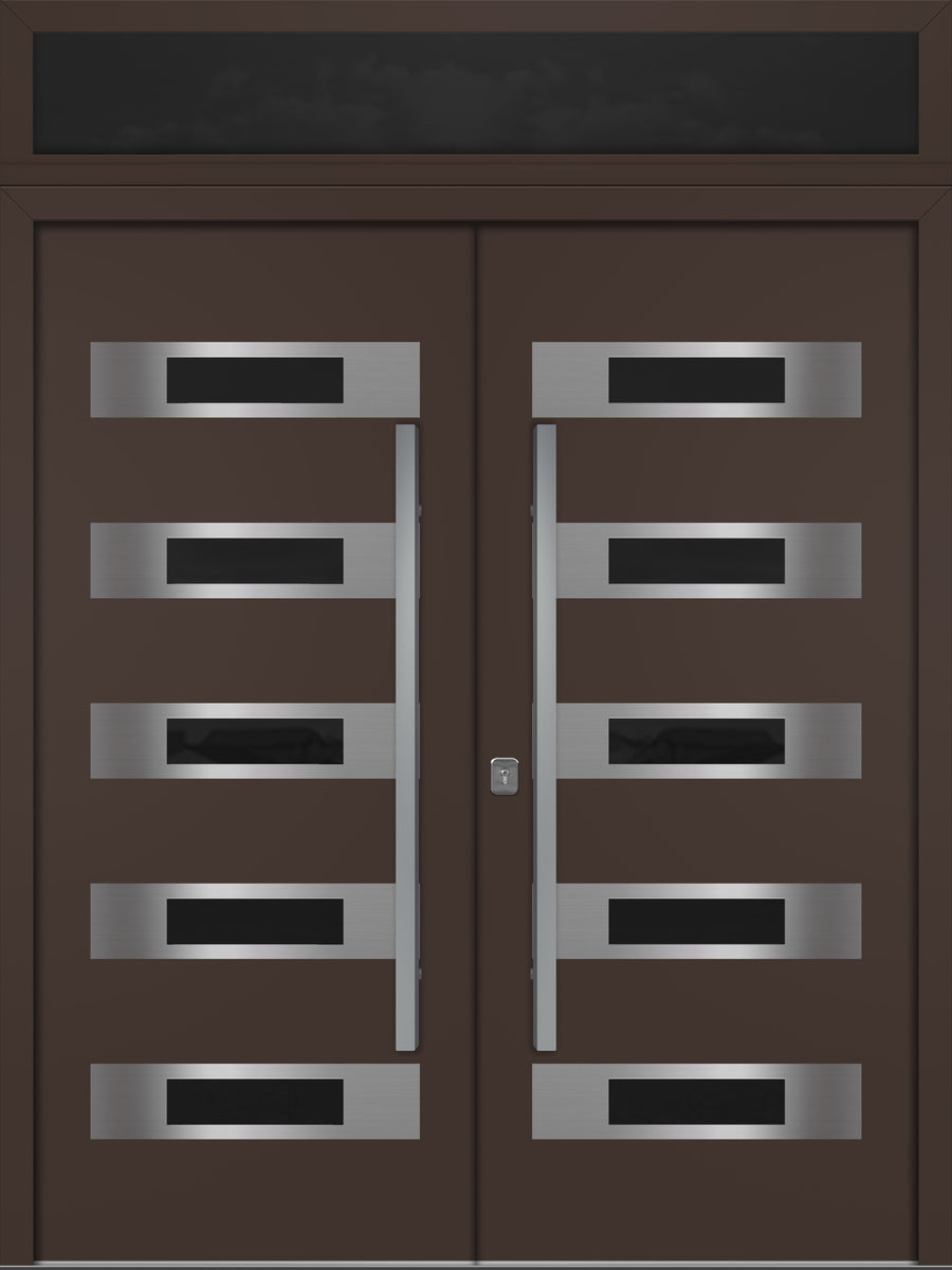 Nova Inox S5 Modern Exterior Double Door 72x80 with Transom - Unit 74x95 1/2 - Brown - Doors and Beyond