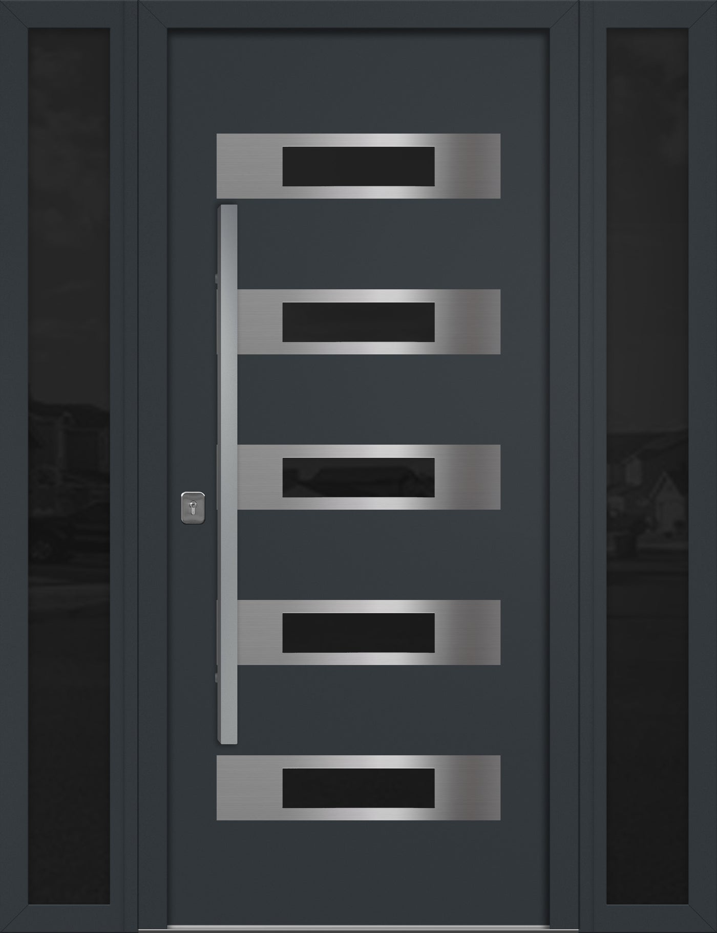 Nova Inox S5 Modern Exterior Single Door W/ (2) 12" Sidelight - Unit 62x81 3/8 - Gray - Doors and Beyond