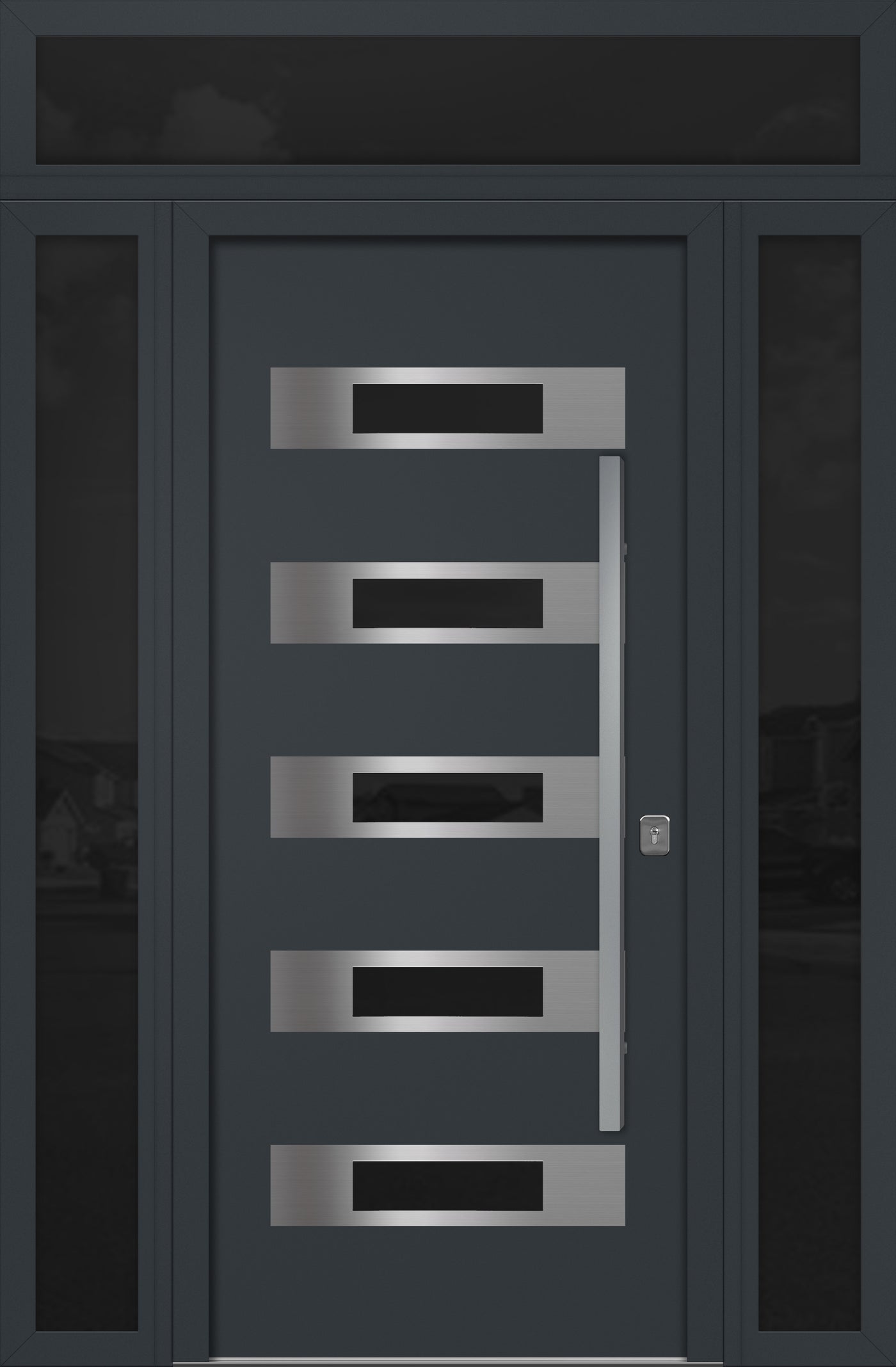 Nova Inox S5 Modern Exterior Single Door 36x80 with 2 Sidelight and Transom - Unit 62x95 1/2 - Gray - Doors and Beyond