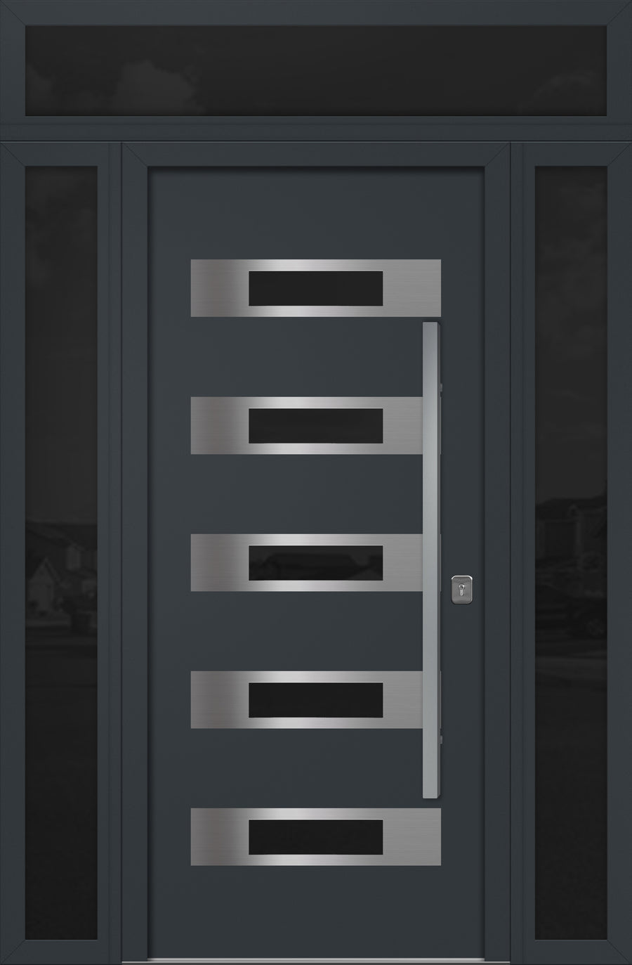 Nova Inox S5 Modern Exterior Single Door 36x80 with 2 Sidelight and Transom - Unit 62x95 1/2 - Gray - Doors and Beyond